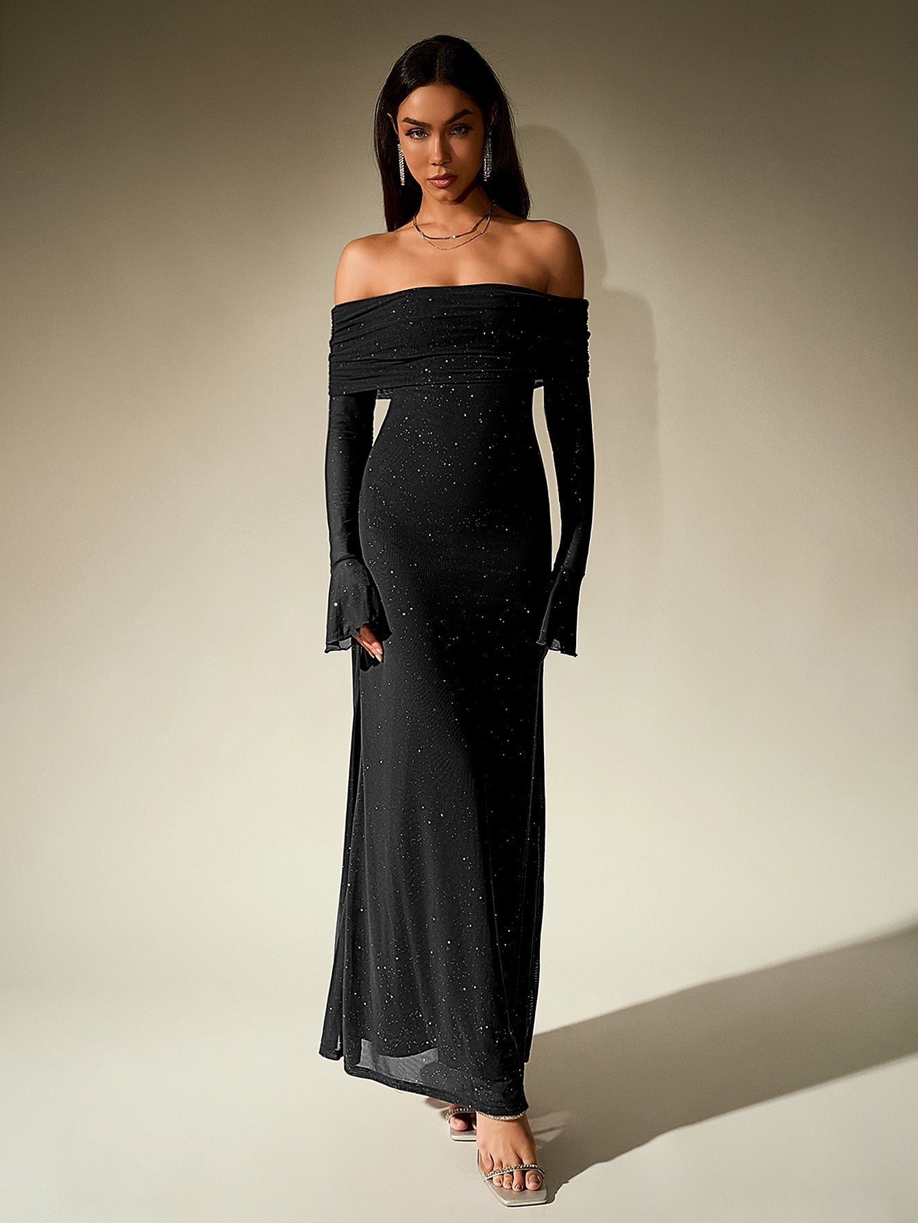 Off Shoulder Flounce Sleeve Mesh Sequin Dress 40