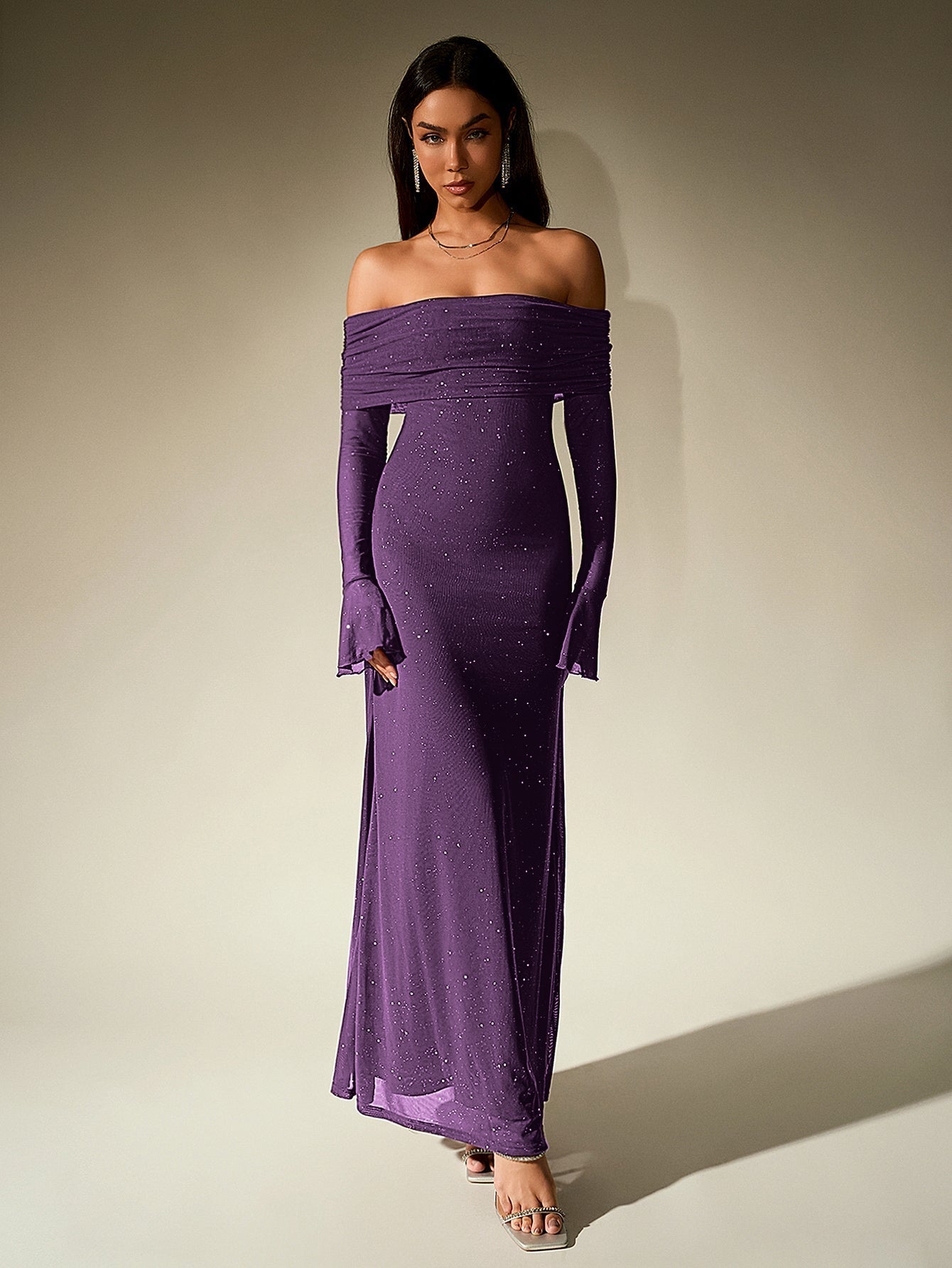 Off Shoulder Flounce Sleeve Mesh Sequin Dress - View 25