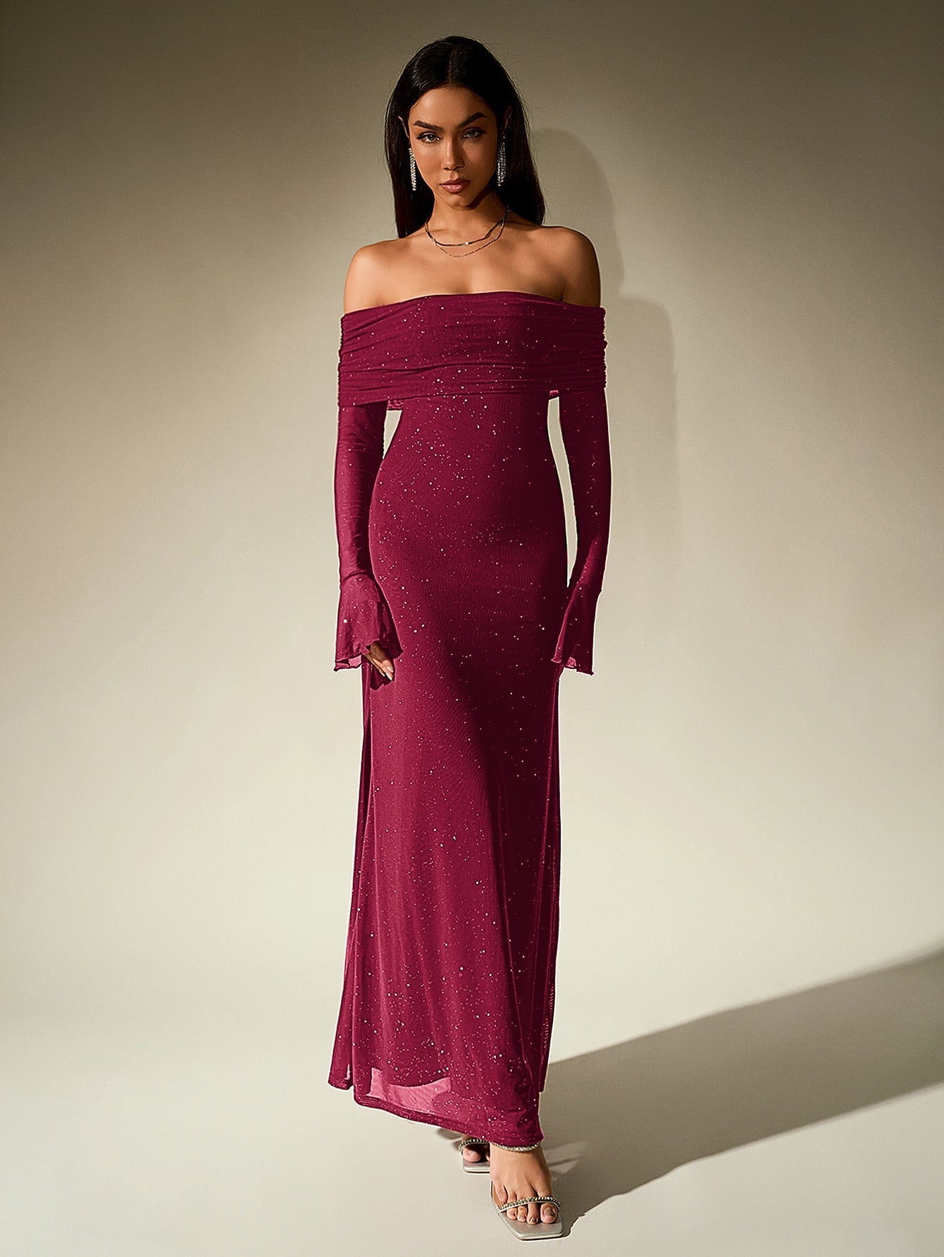 Off Shoulder Flounce Sleeve Mesh Sequin Dress - View 5