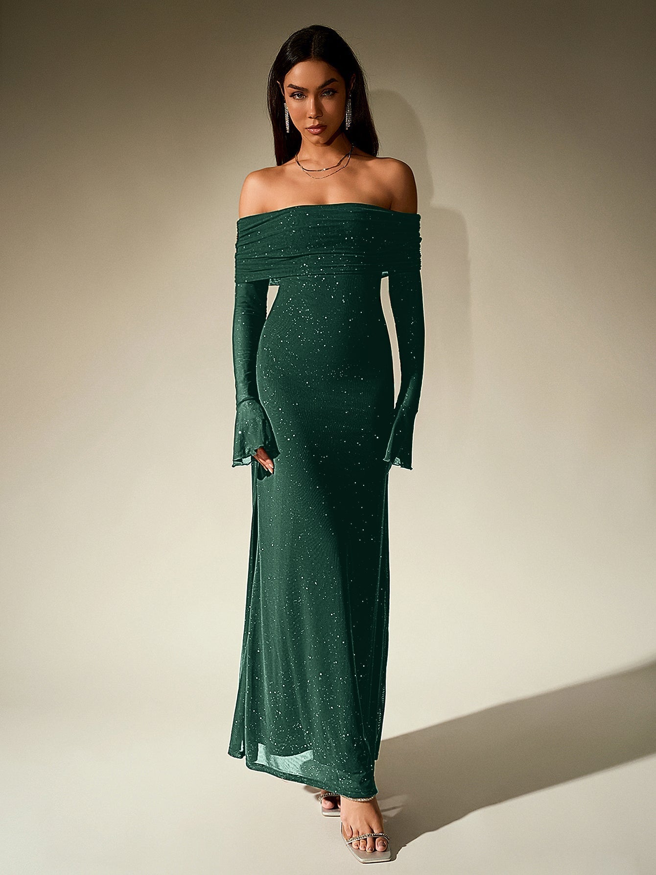 Off Shoulder Flounce Sleeve Mesh Sequin Dress - View 18