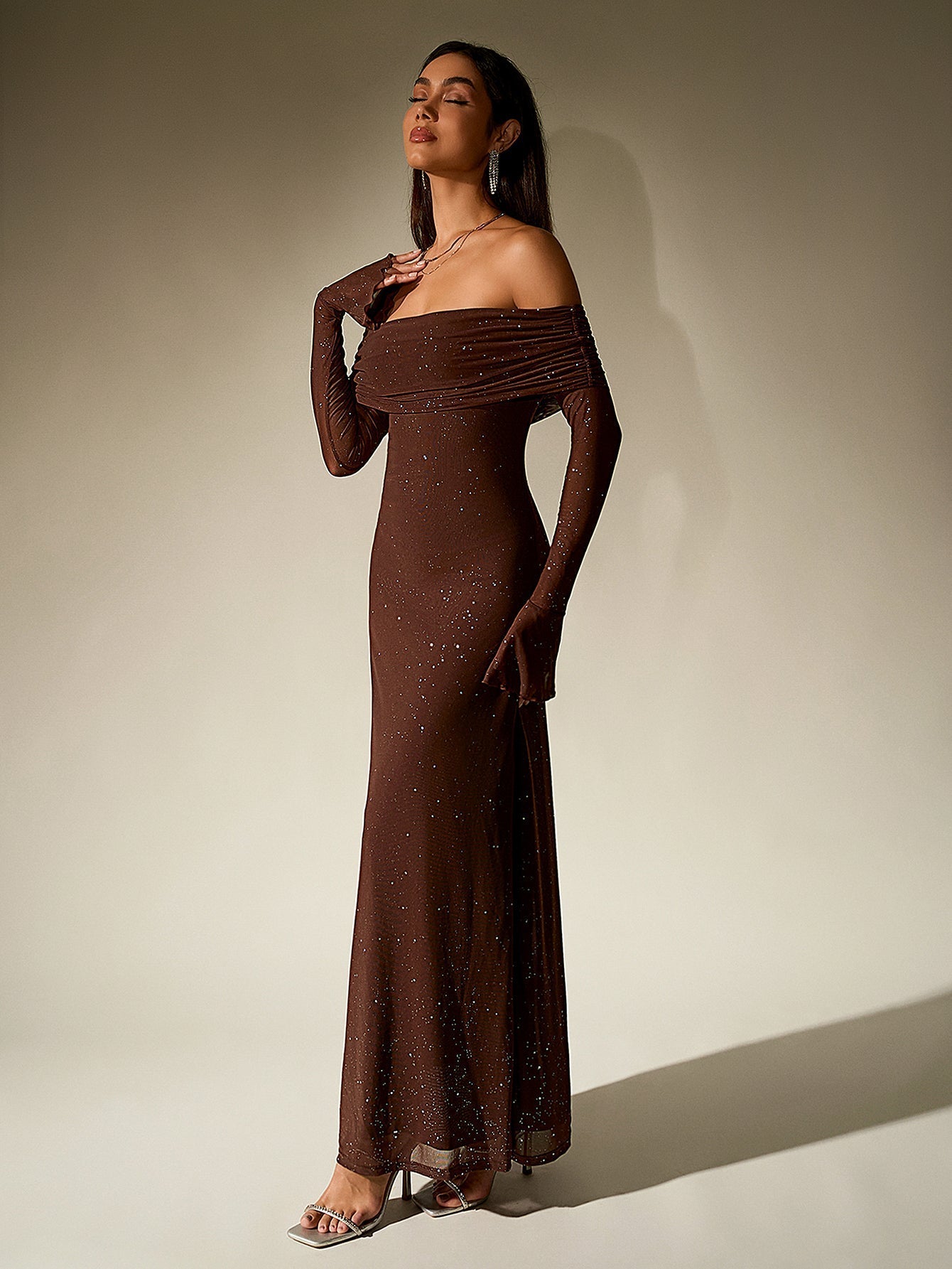 Off Shoulder Flounce Sleeve Mesh Sequin Dress 35