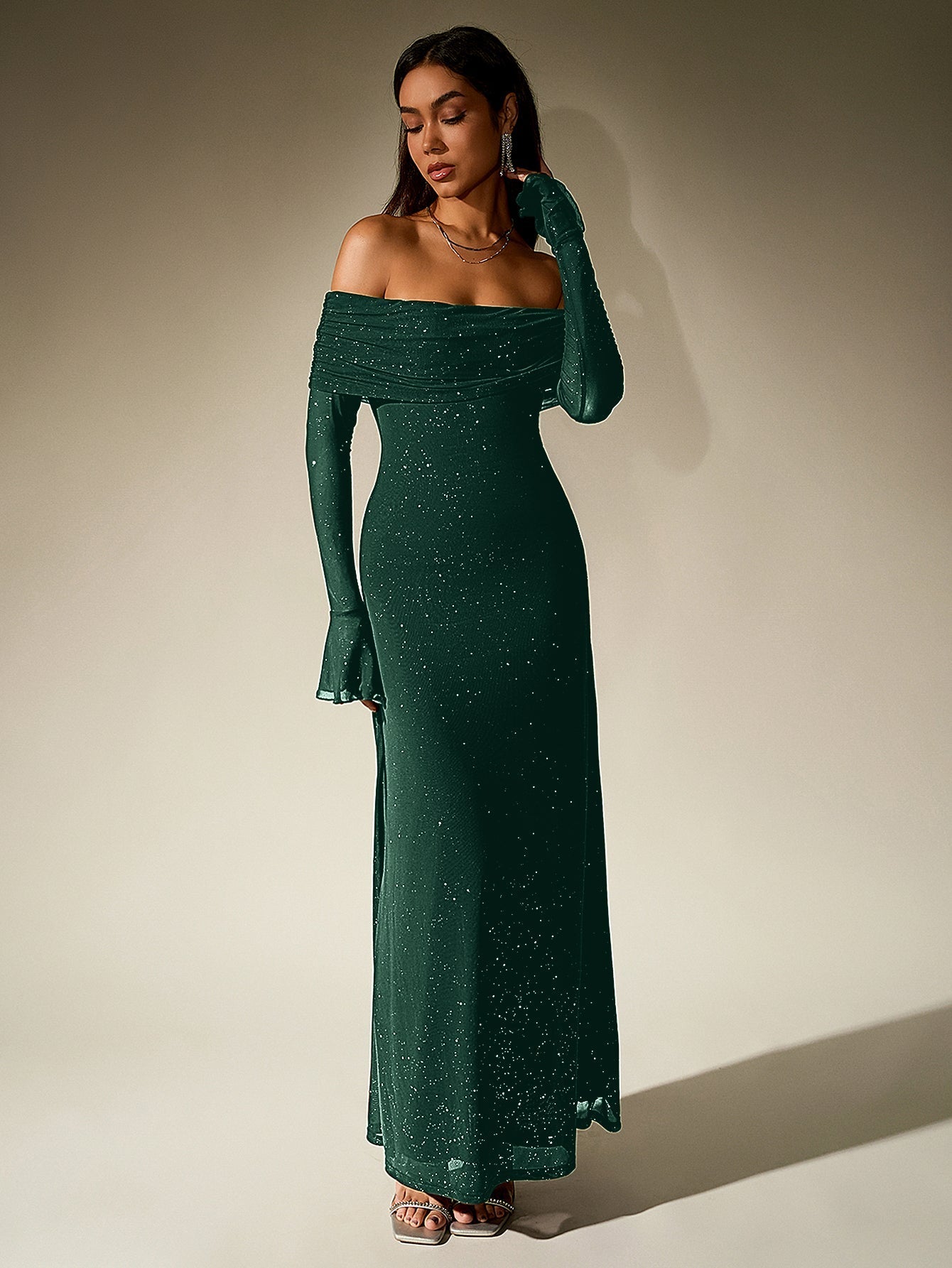 Off Shoulder Flounce Sleeve Mesh Sequin Dress - View 21