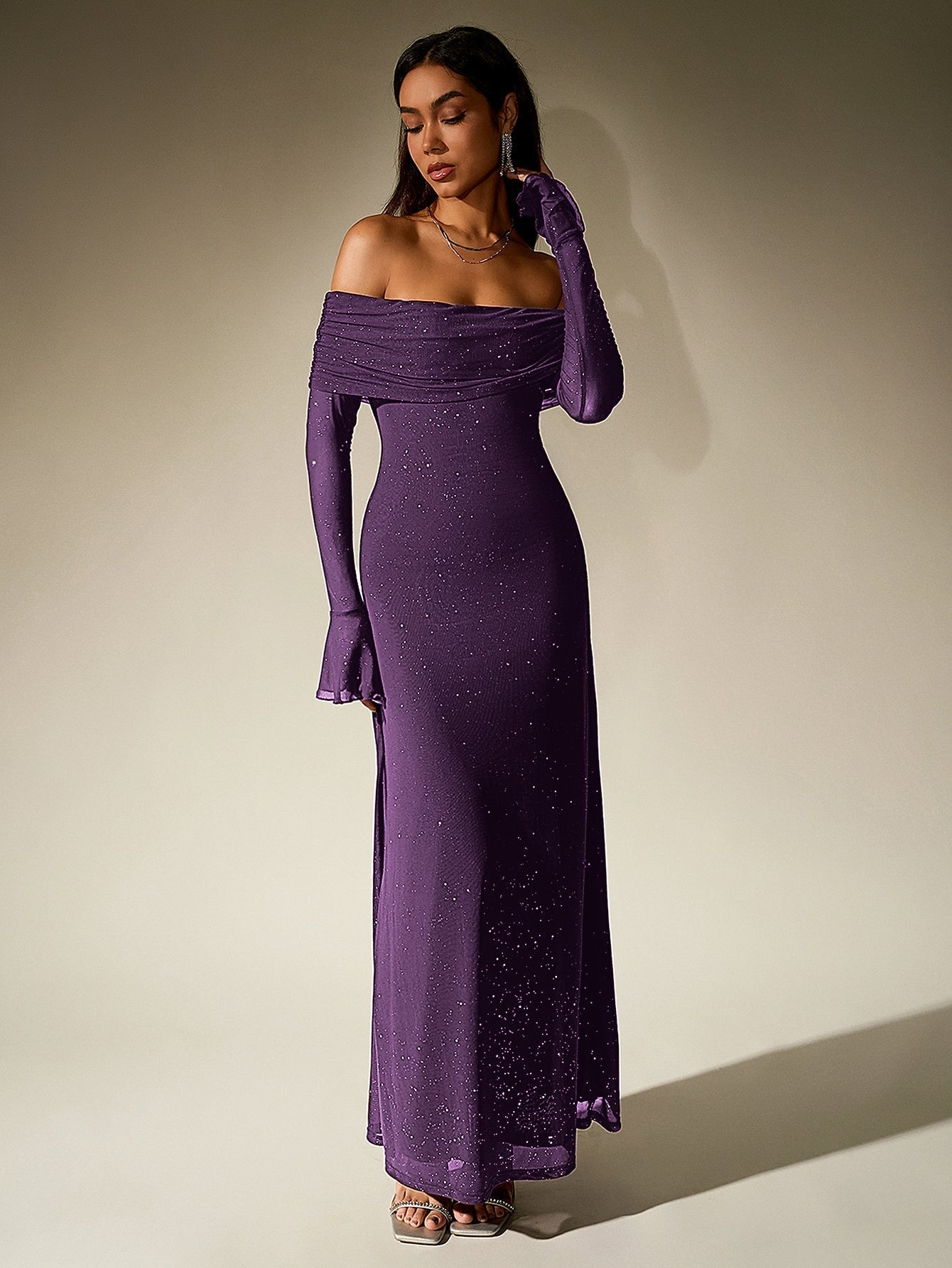 Off Shoulder Flounce Sleeve Mesh Sequin Dress 28