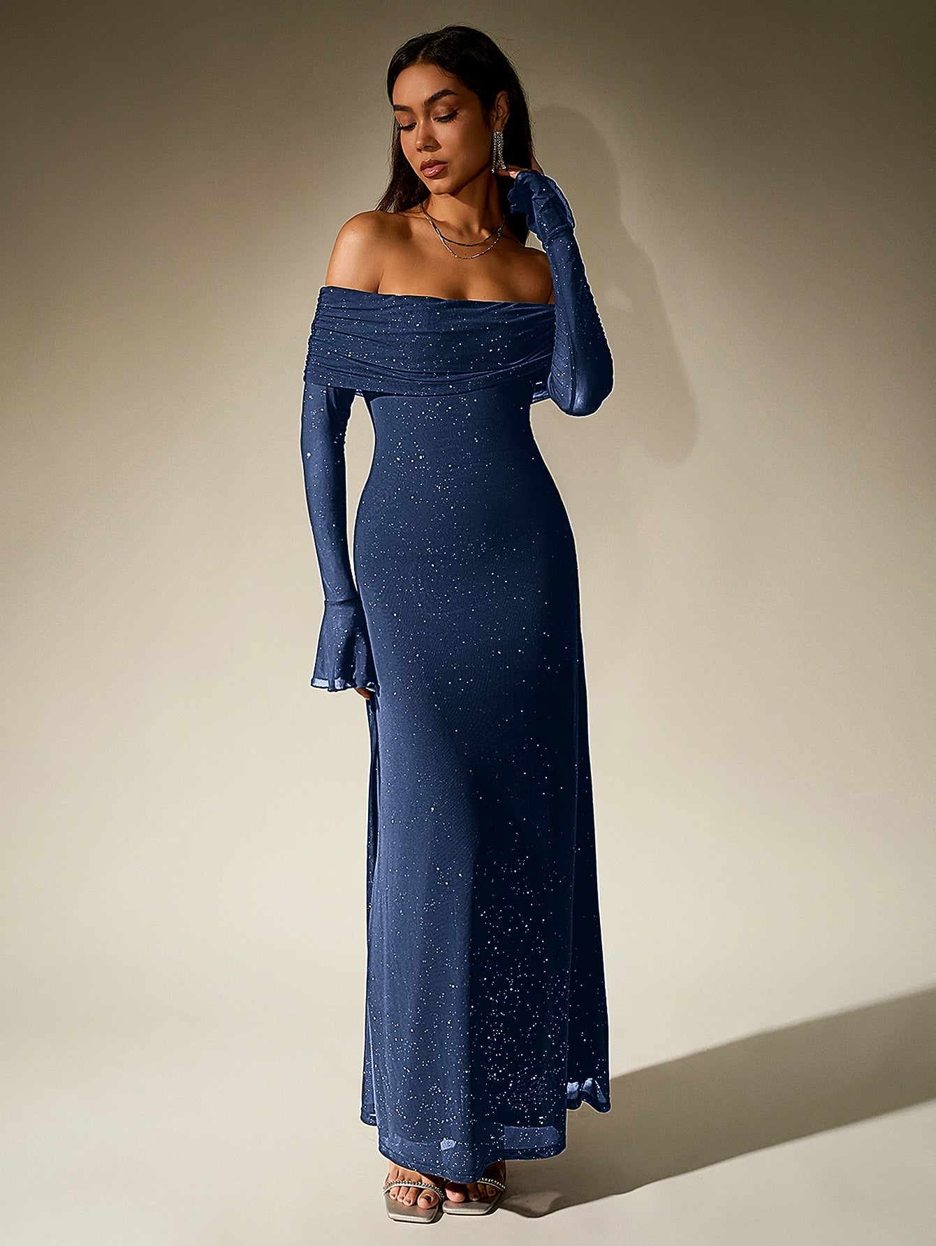 Off Shoulder Flounce Sleeve Mesh Sequin Dress - View 15