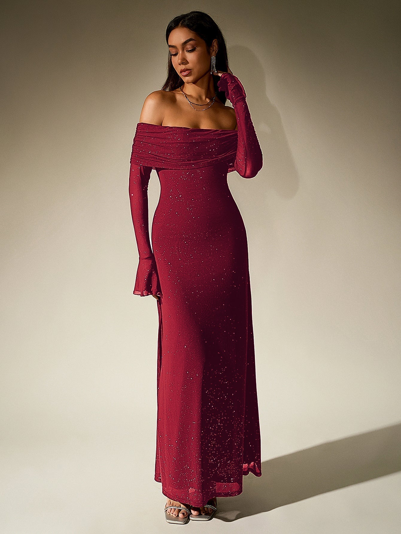 Off Shoulder Flounce Sleeve Mesh Sequin Dress 34