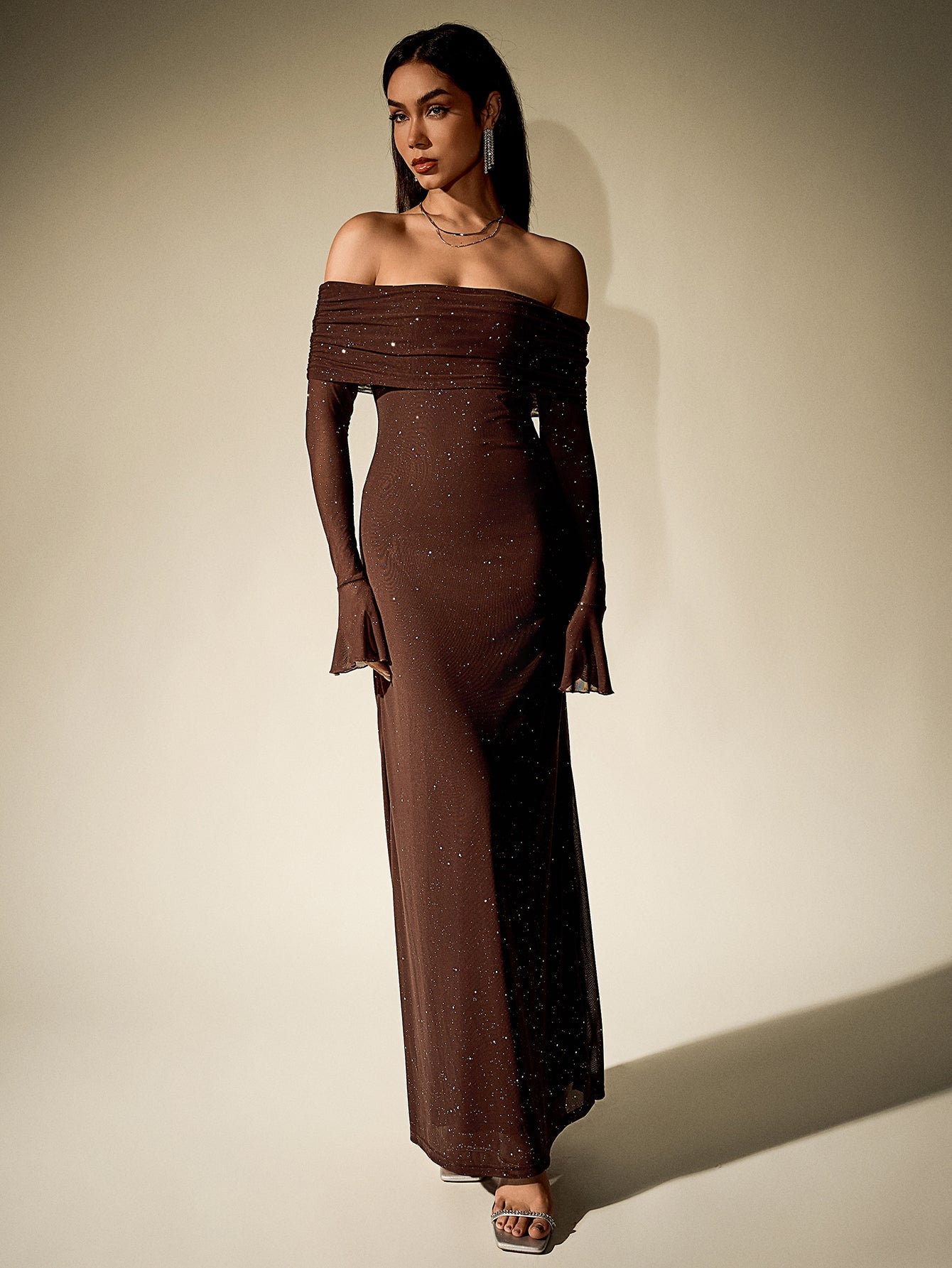 Off Shoulder Flounce Sleeve Mesh Sequin Dress - View 23