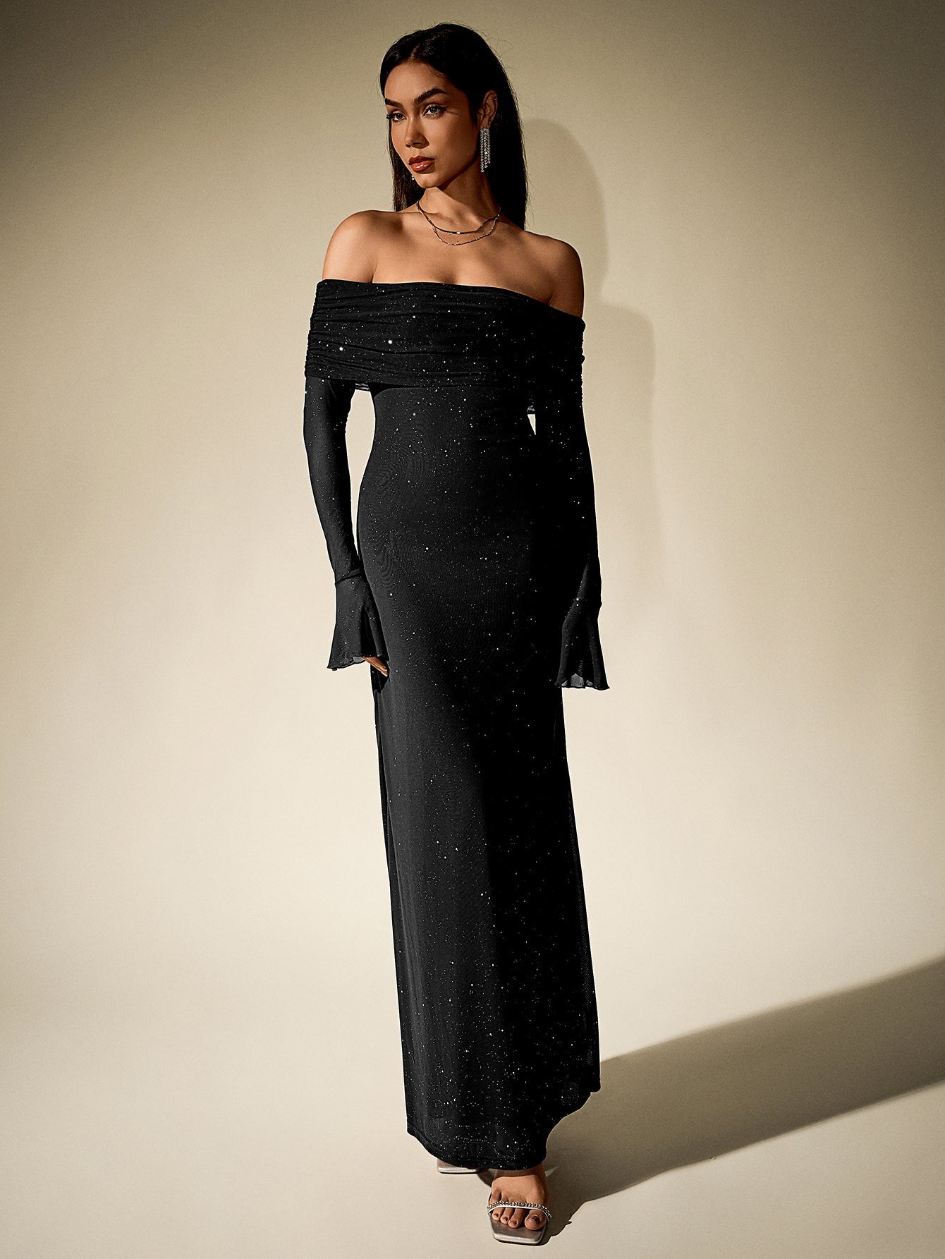 Off Shoulder Flounce Sleeve Mesh Sequin Dress 42