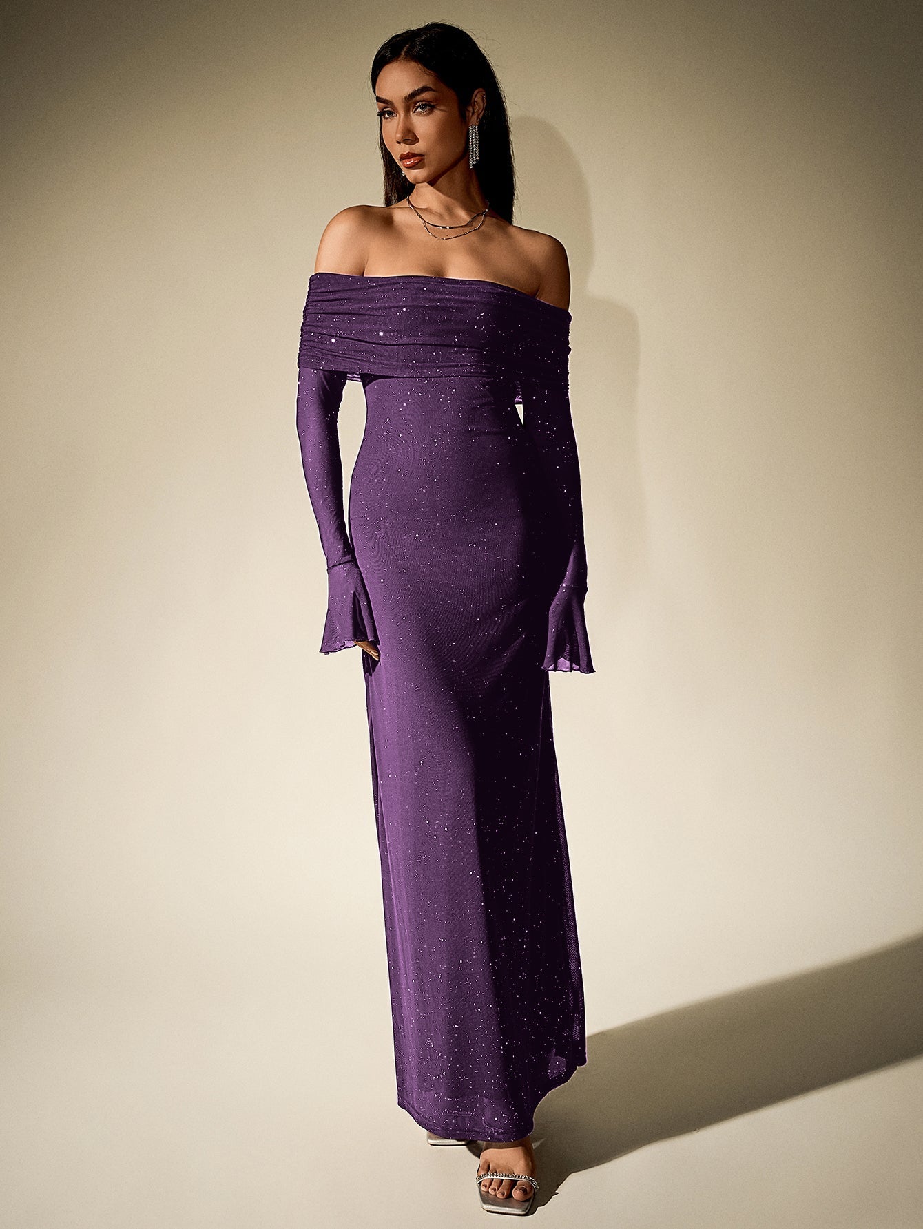 Off Shoulder Flounce Sleeve Mesh Sequin Dress 27
