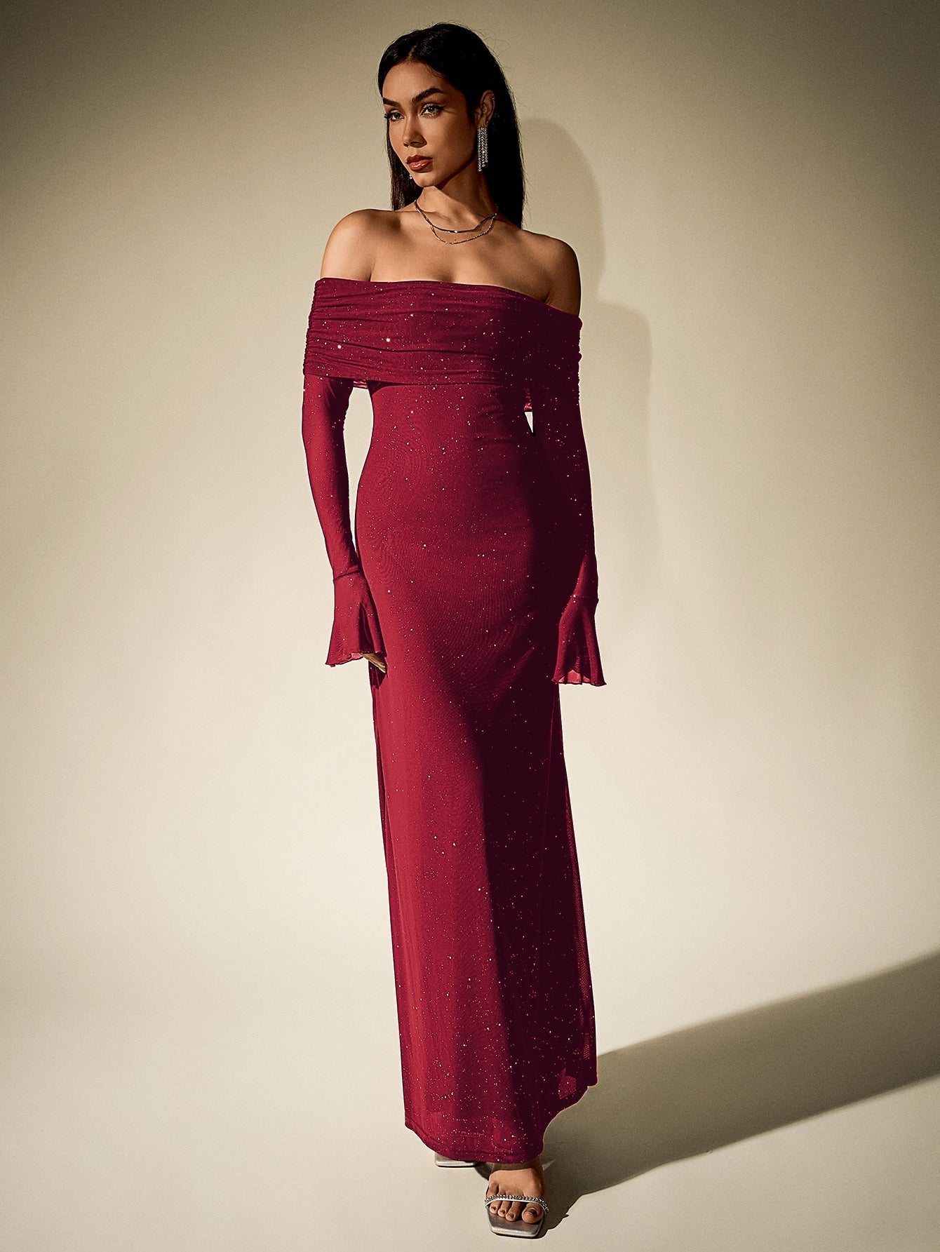 Off Shoulder Flounce Sleeve Mesh Sequin Dress 33