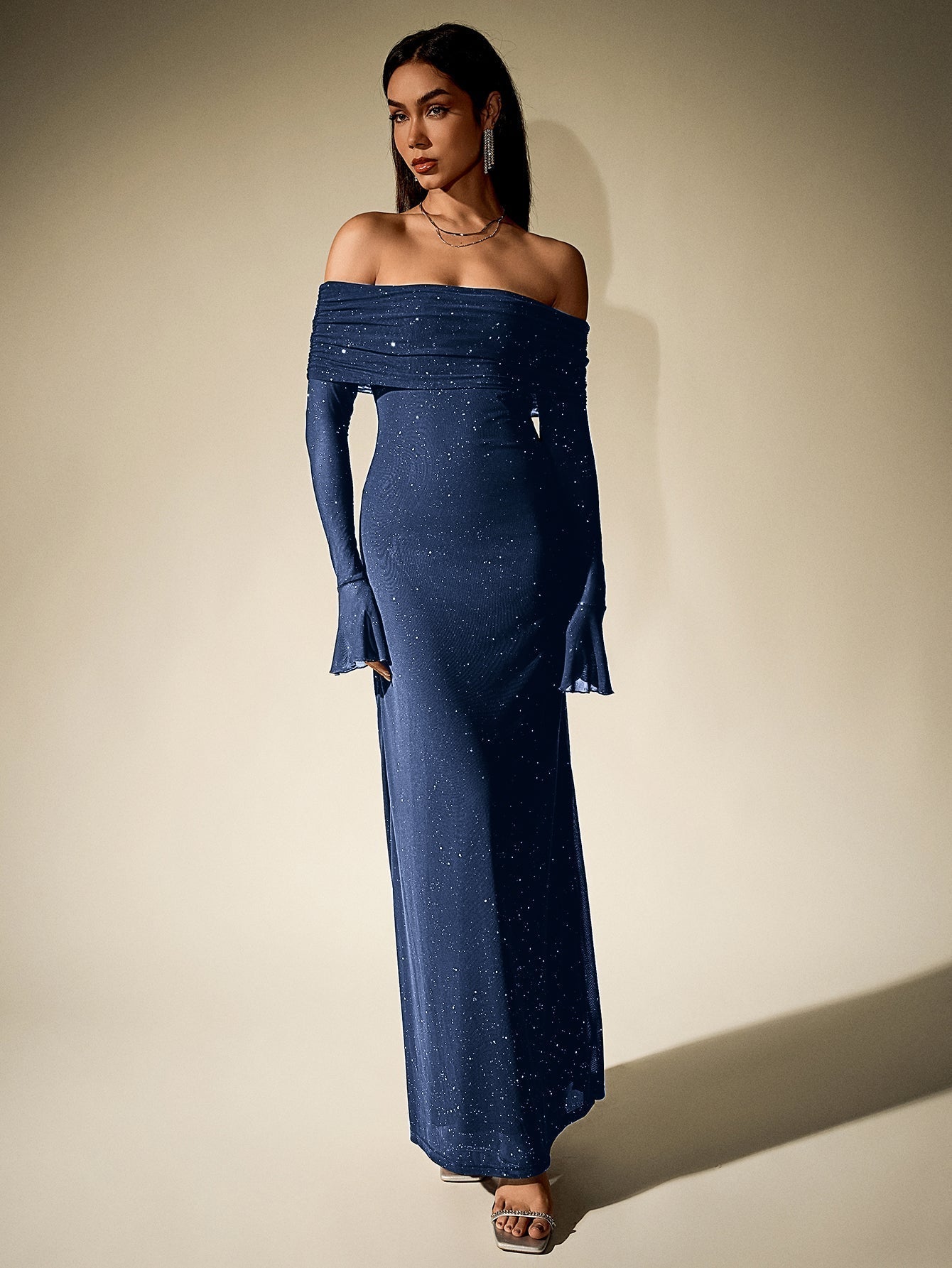 Off Shoulder Flounce Sleeve Mesh Sequin Dress - View 14