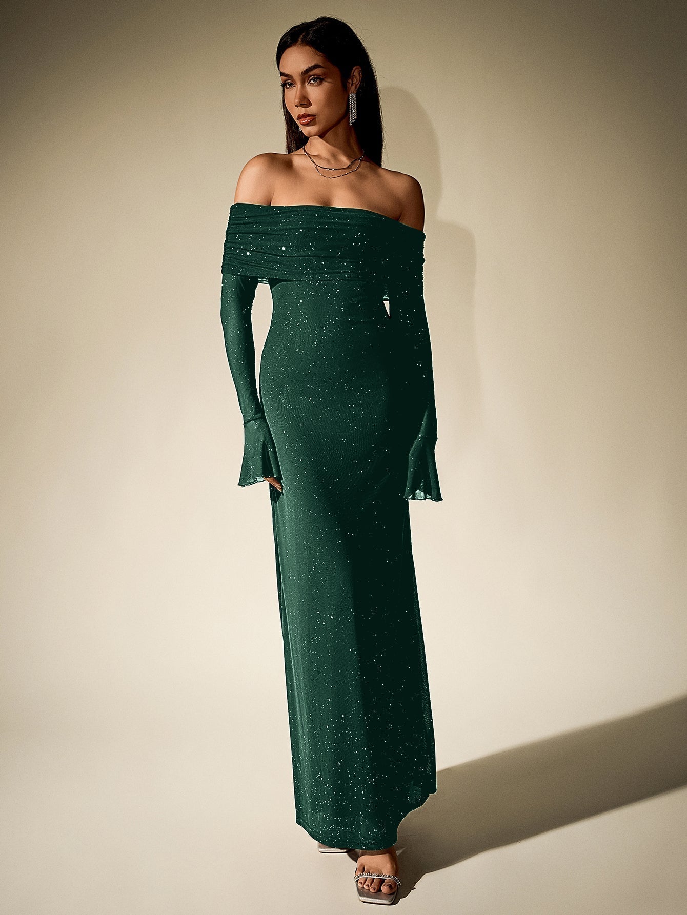 Off Shoulder Flounce Sleeve Mesh Sequin Dress - View 20