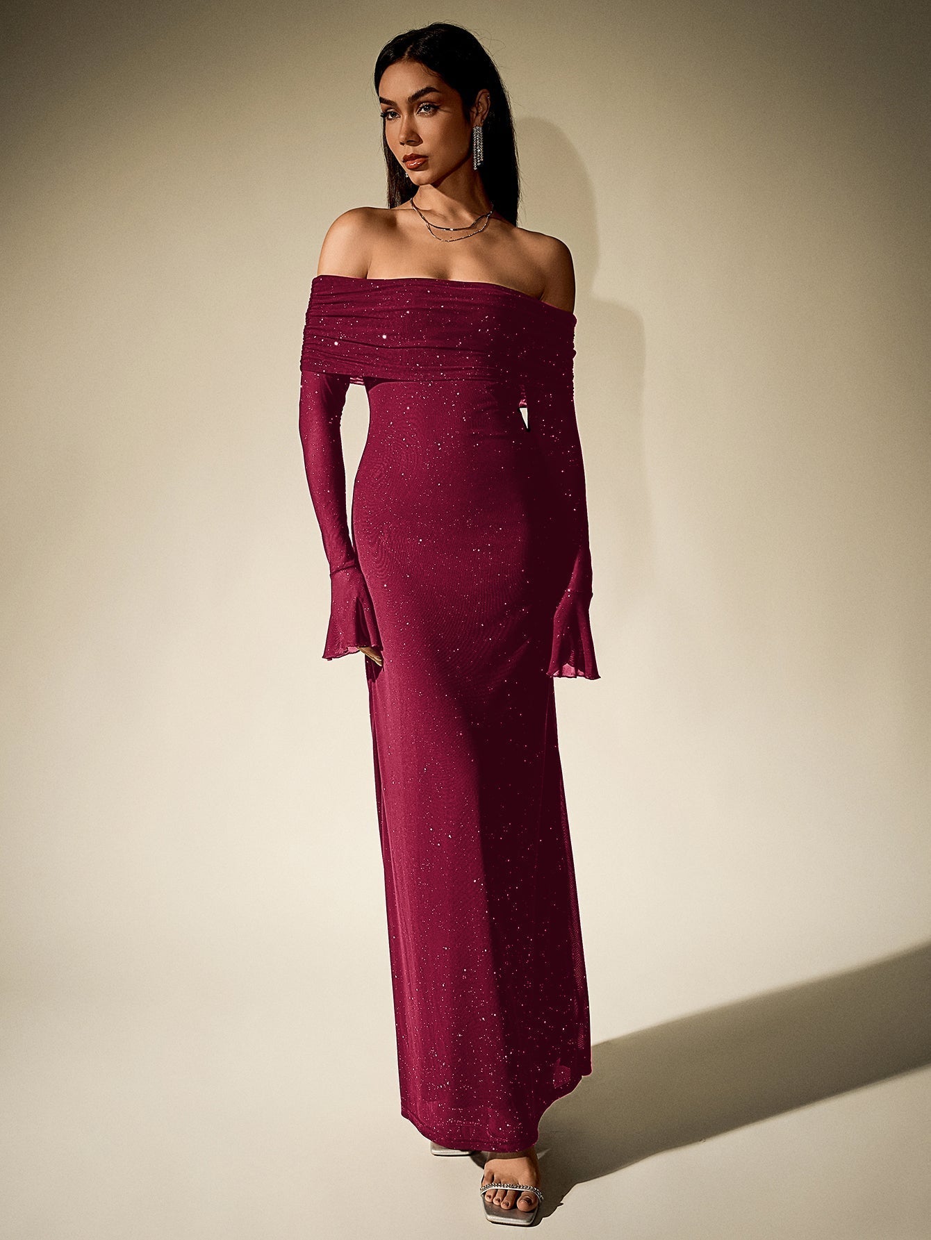 Off Shoulder Flounce Sleeve Mesh Sequin Dress - View 7