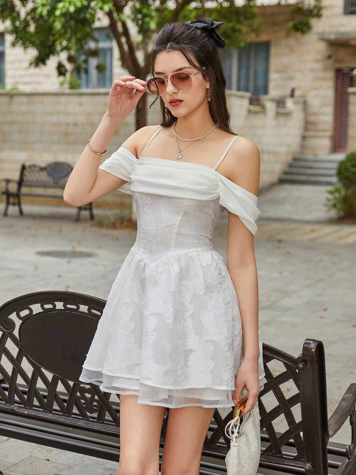Jacquard Floral Off Shoulder Corset Basque Waist Mini Dress - View 3