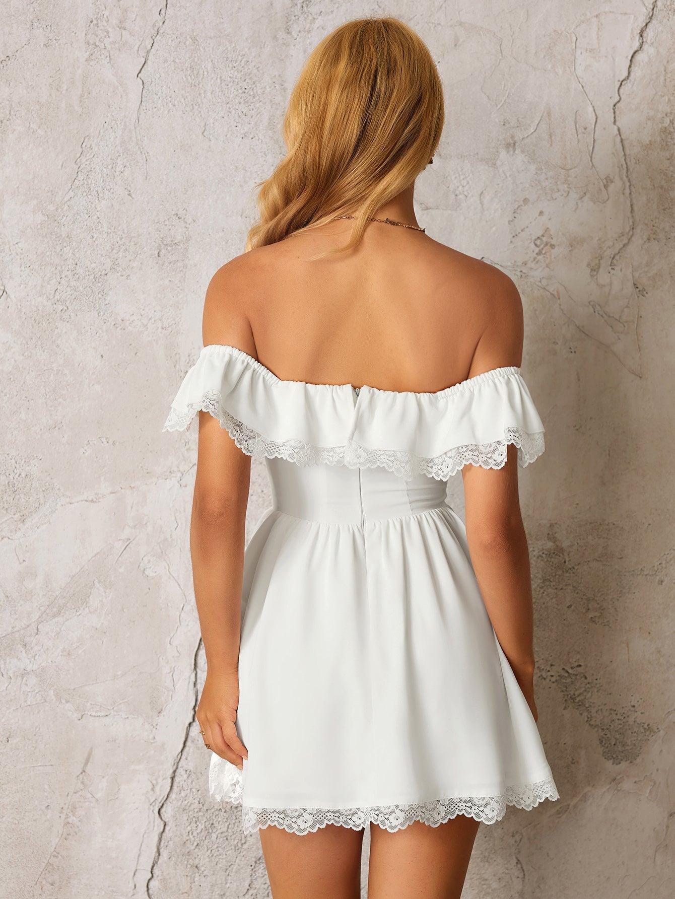 Off Shoulder Lace Trim Bow Tie Front Mini Dress - View 2