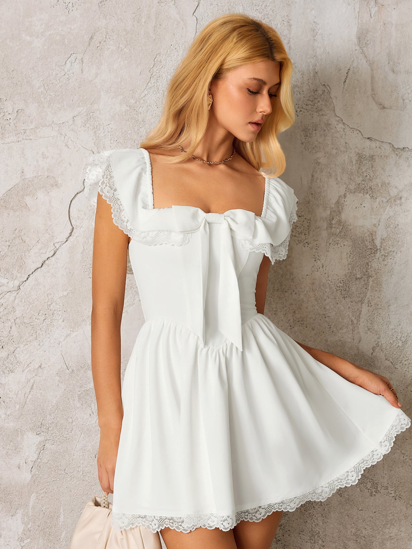 Off Shoulder Lace Trim Bow Tie Front Mini Dress - View 6