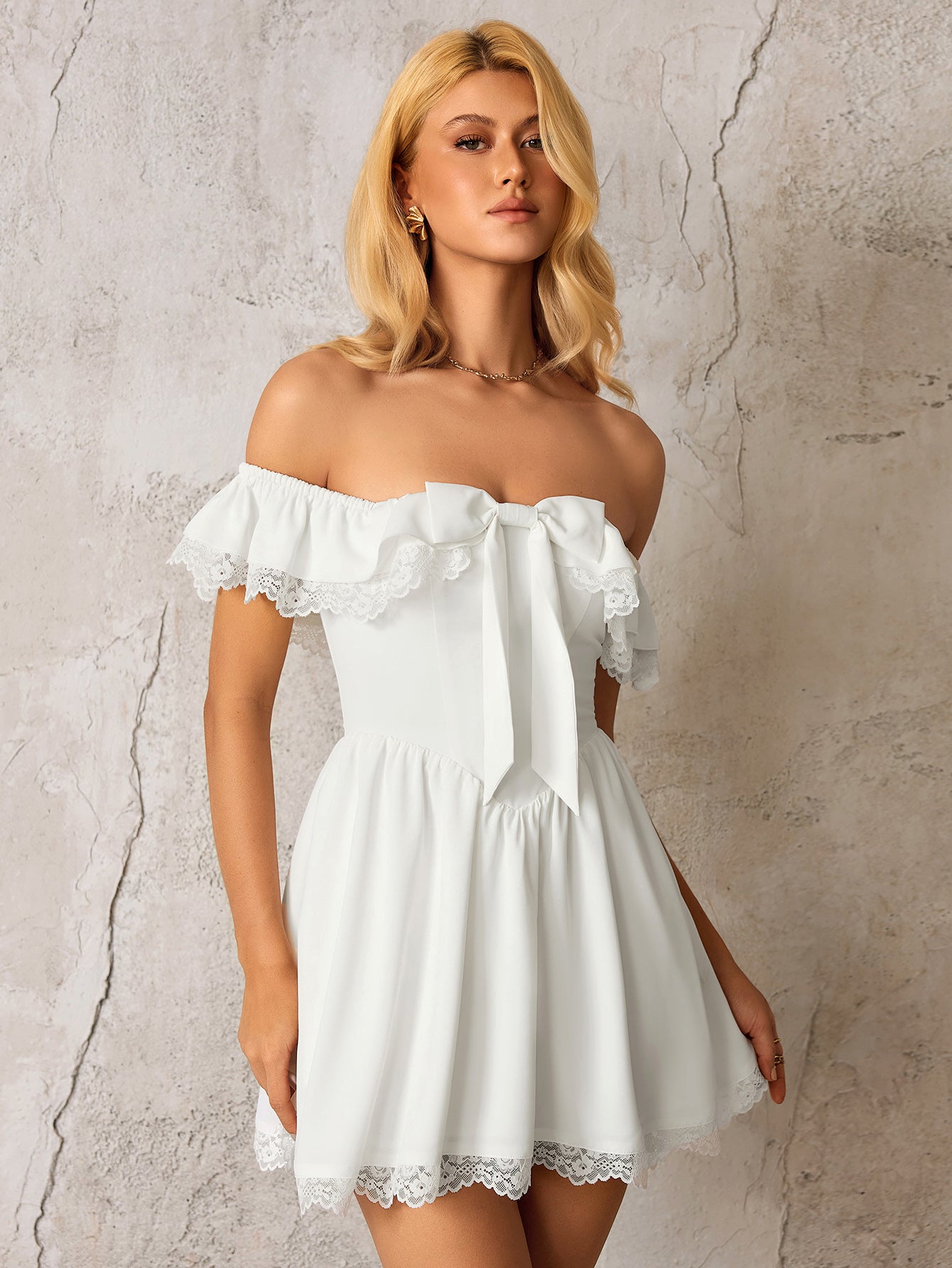 Off Shoulder Lace Trim Bow Tie Front Mini Dress - View 4