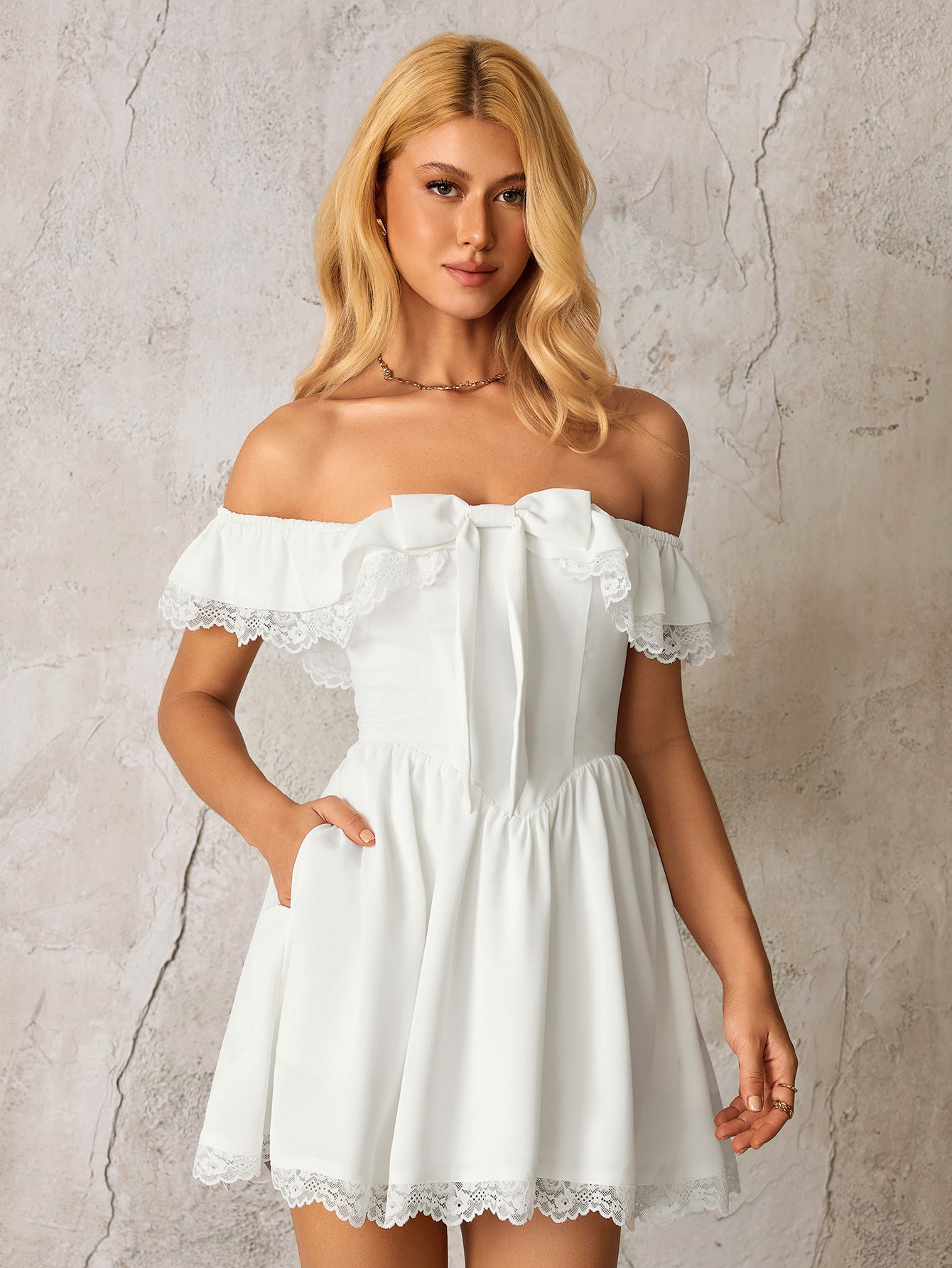 Off Shoulder Lace Trim Bow Tie Front Mini Dress - View 3