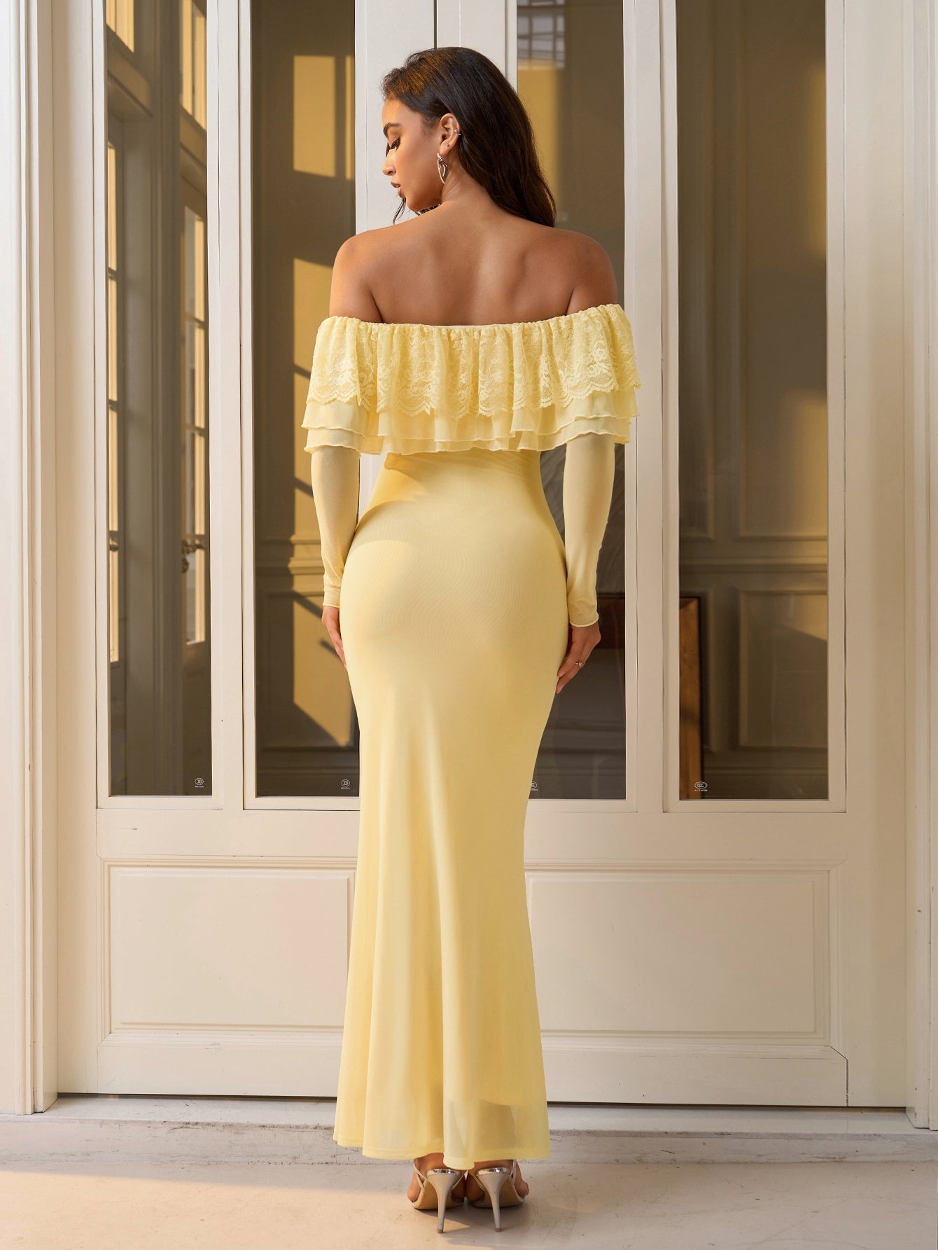 Off Shoulder Long Sleeve Lace Ruffle Mermaid Maxi Dress