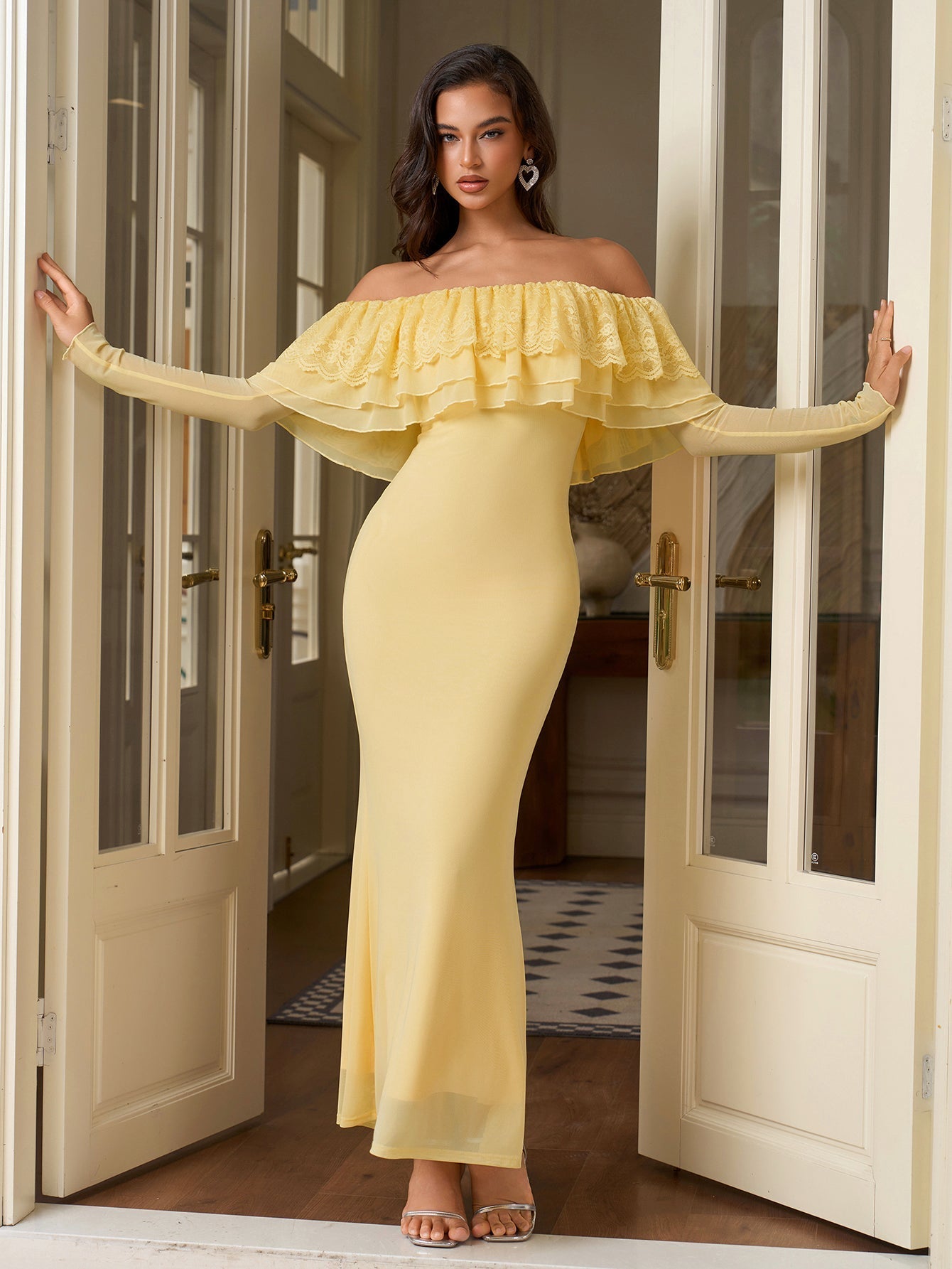 Off Shoulder Long Sleeve Lace Ruffle Mermaid Maxi Dress