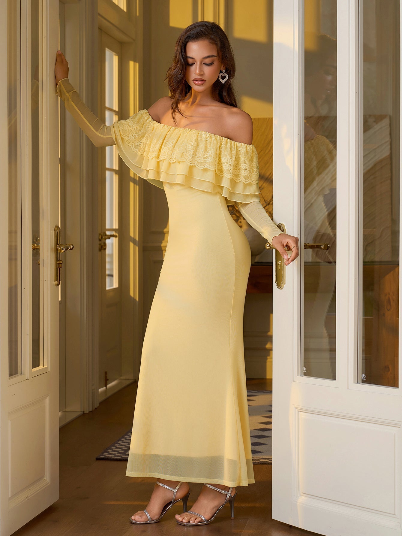 Off Shoulder Long Sleeve Lace Ruffle Mermaid Maxi Dress - View 3