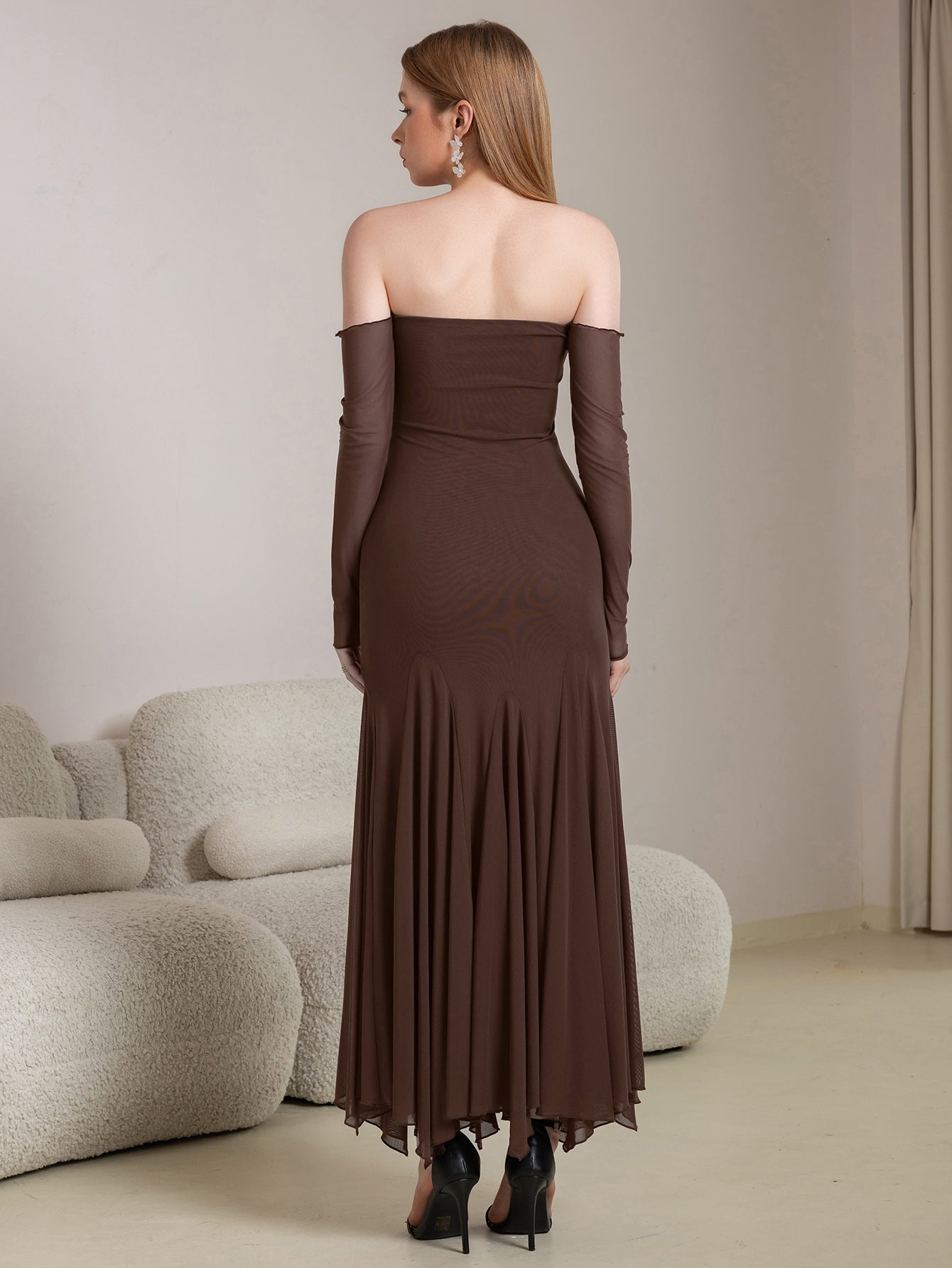 Off Shoulder Pleated Hem Mesh Bodycon Dress - View 2