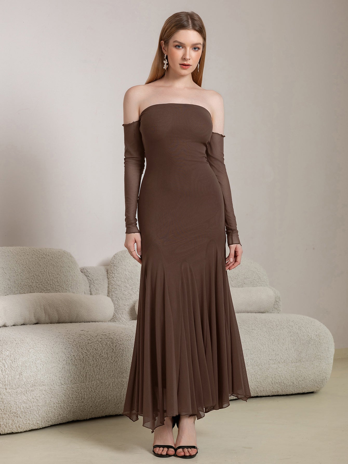 Off Shoulder Pleated Hem Mesh Bodycon Dress - View 6