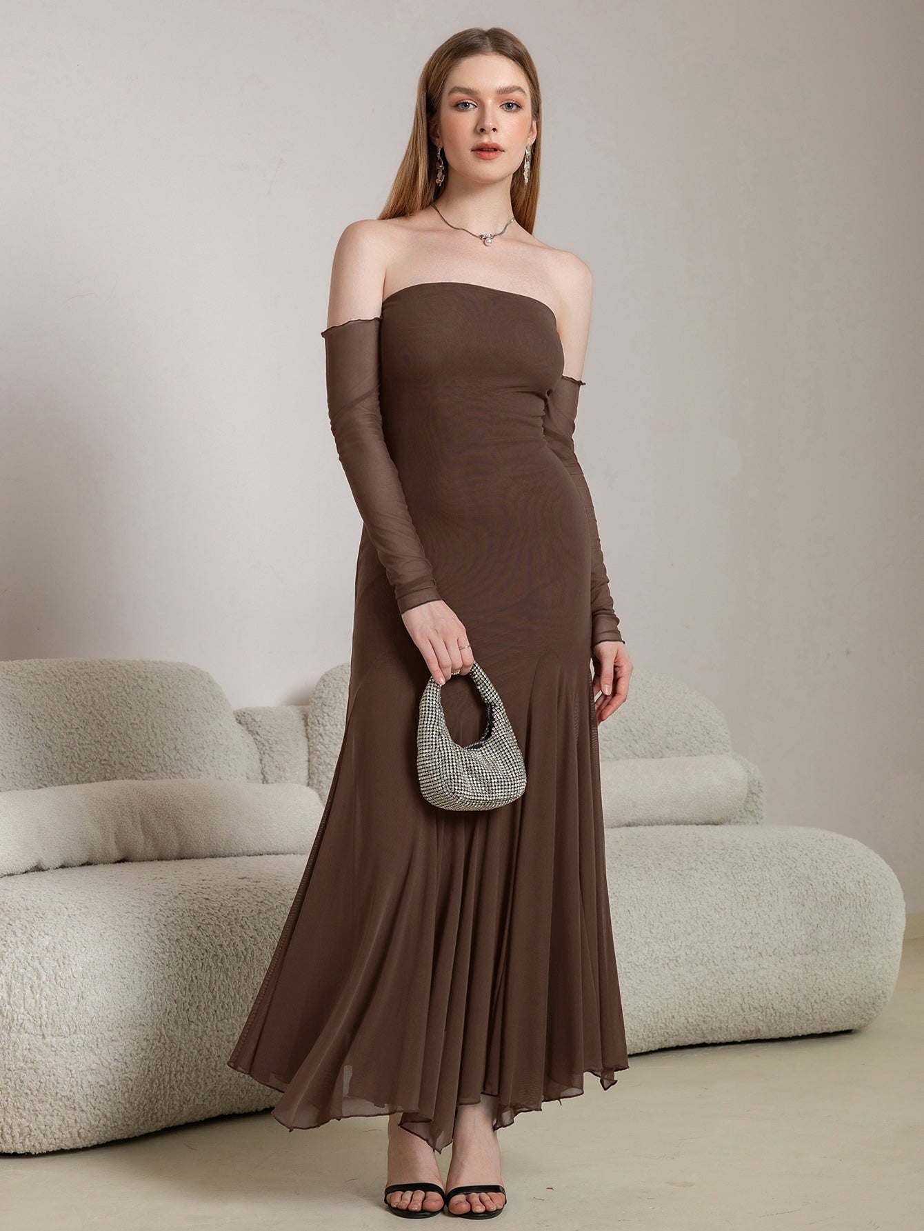 Off Shoulder Pleated Hem Mesh Bodycon Dress - View 5