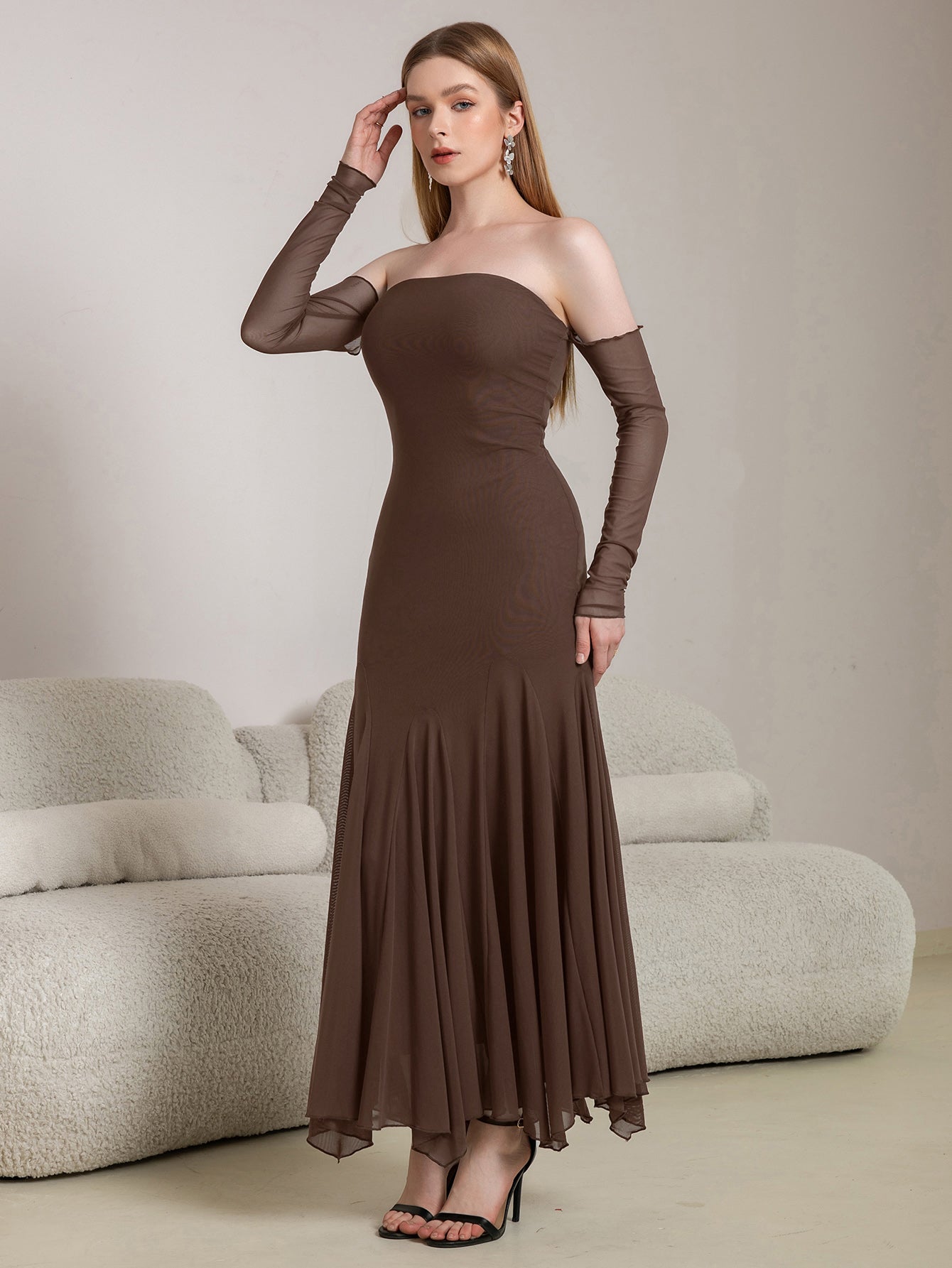 Off Shoulder Pleated Hem Mesh Bodycon Dress - View 4