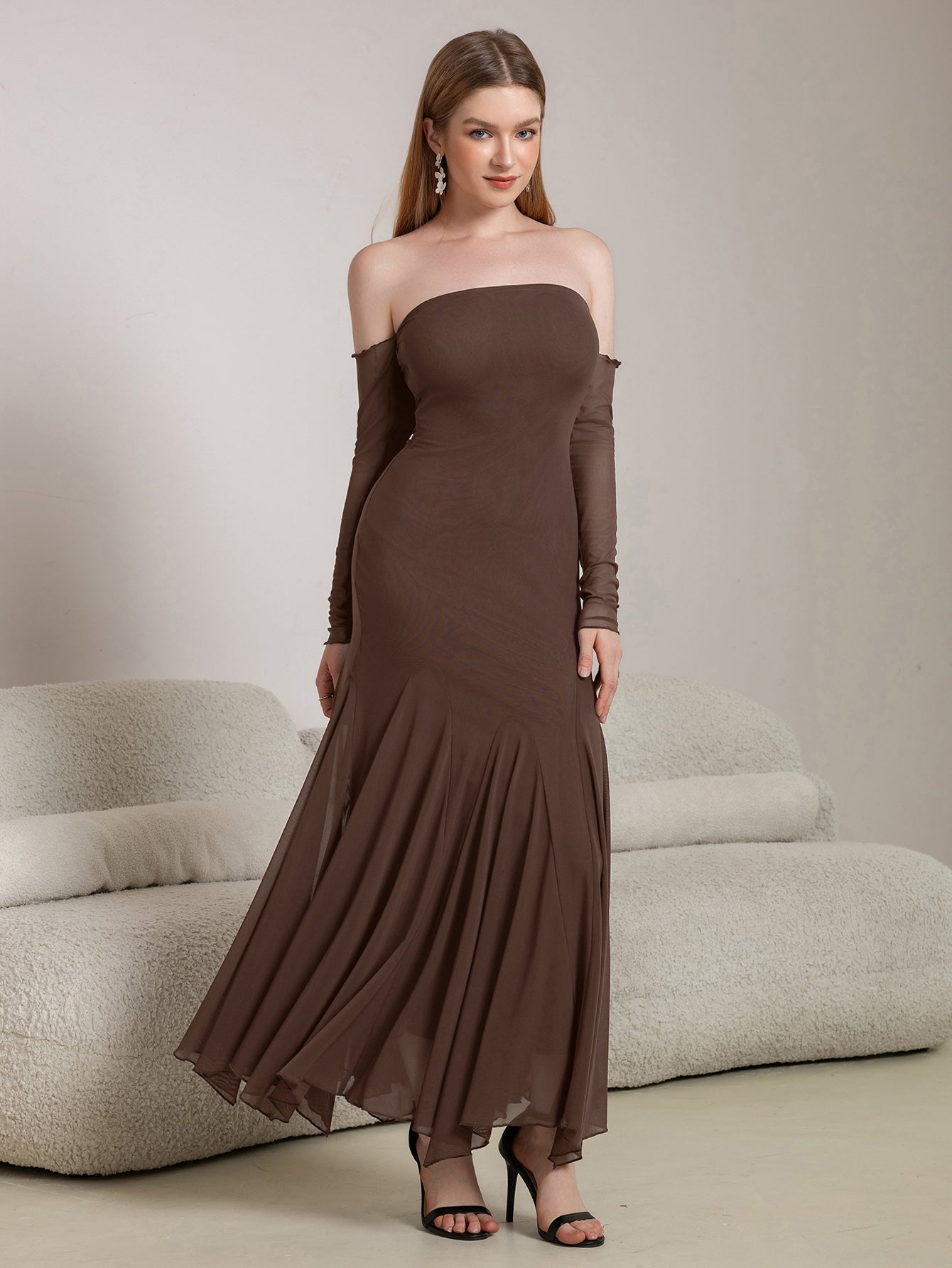 Off Shoulder Pleated Hem Mesh Bodycon Dress - View 3