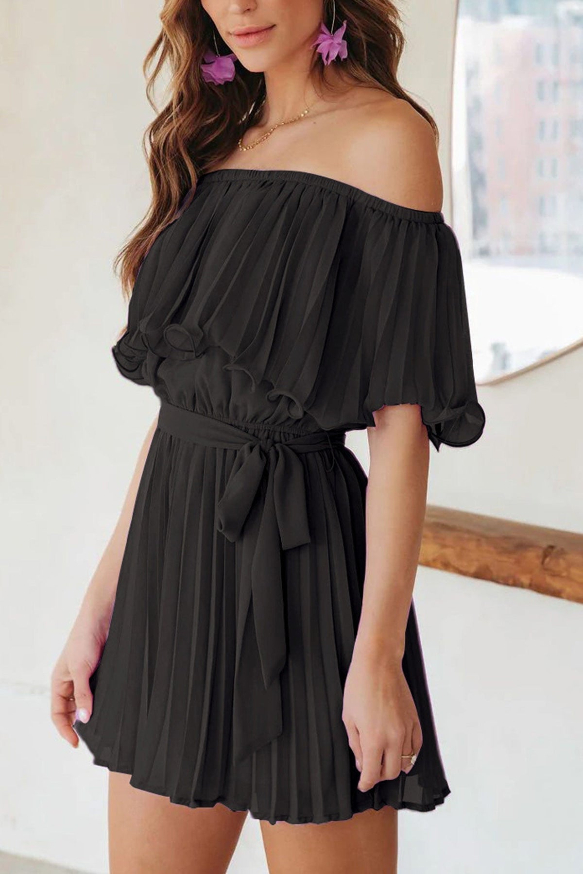 Off Shoulder Pleated Ruffle Overlay Tie Waist Wide Leg Romper 11