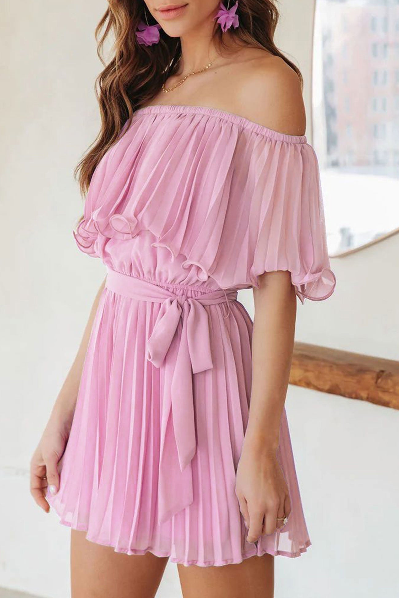 Off Shoulder Pleated Tie-Waist Rompers Light Purple / M