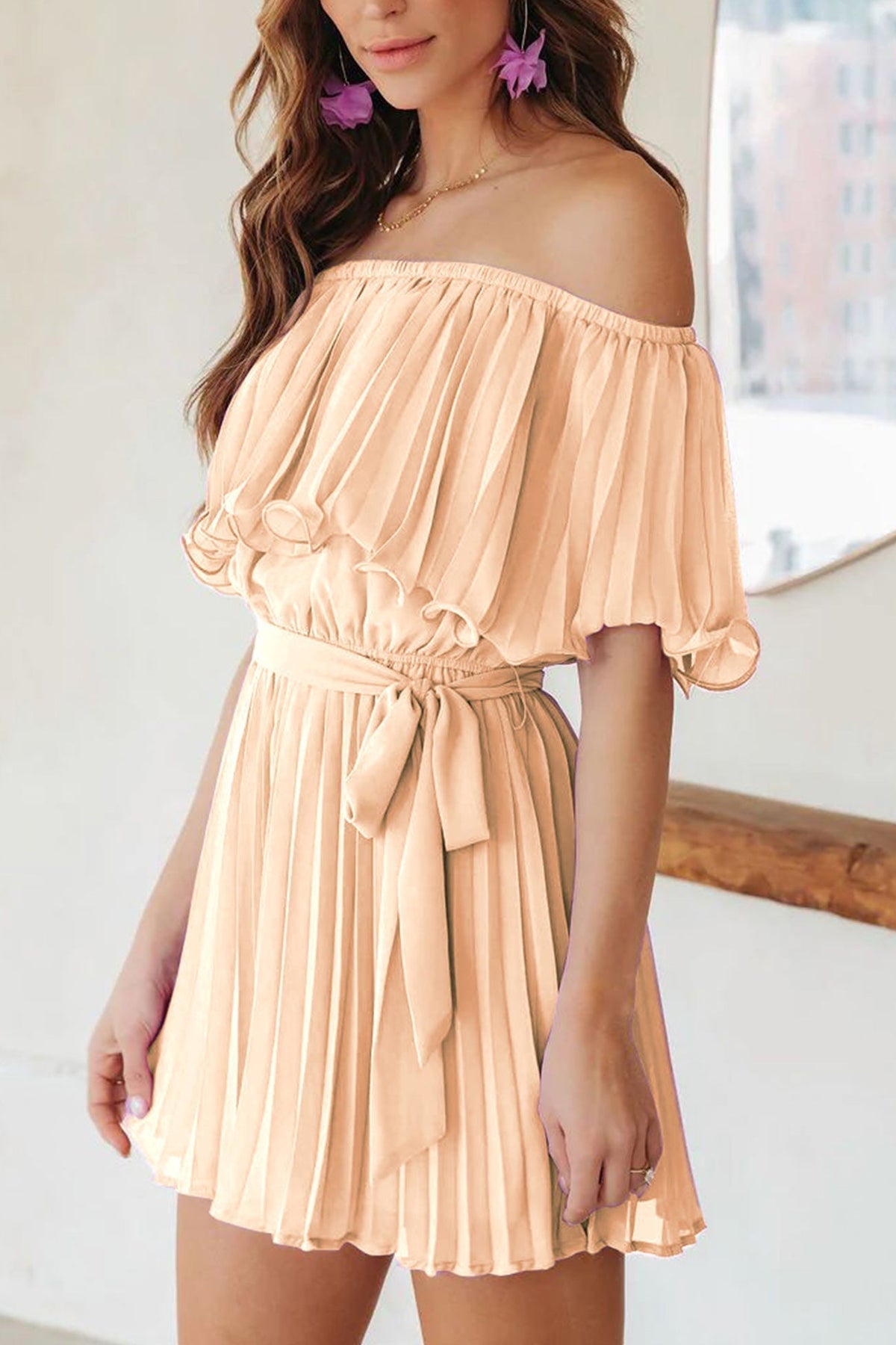 Off Shoulder Pleated Ruffle Overlay Tie Waist Wide Leg Romper 2