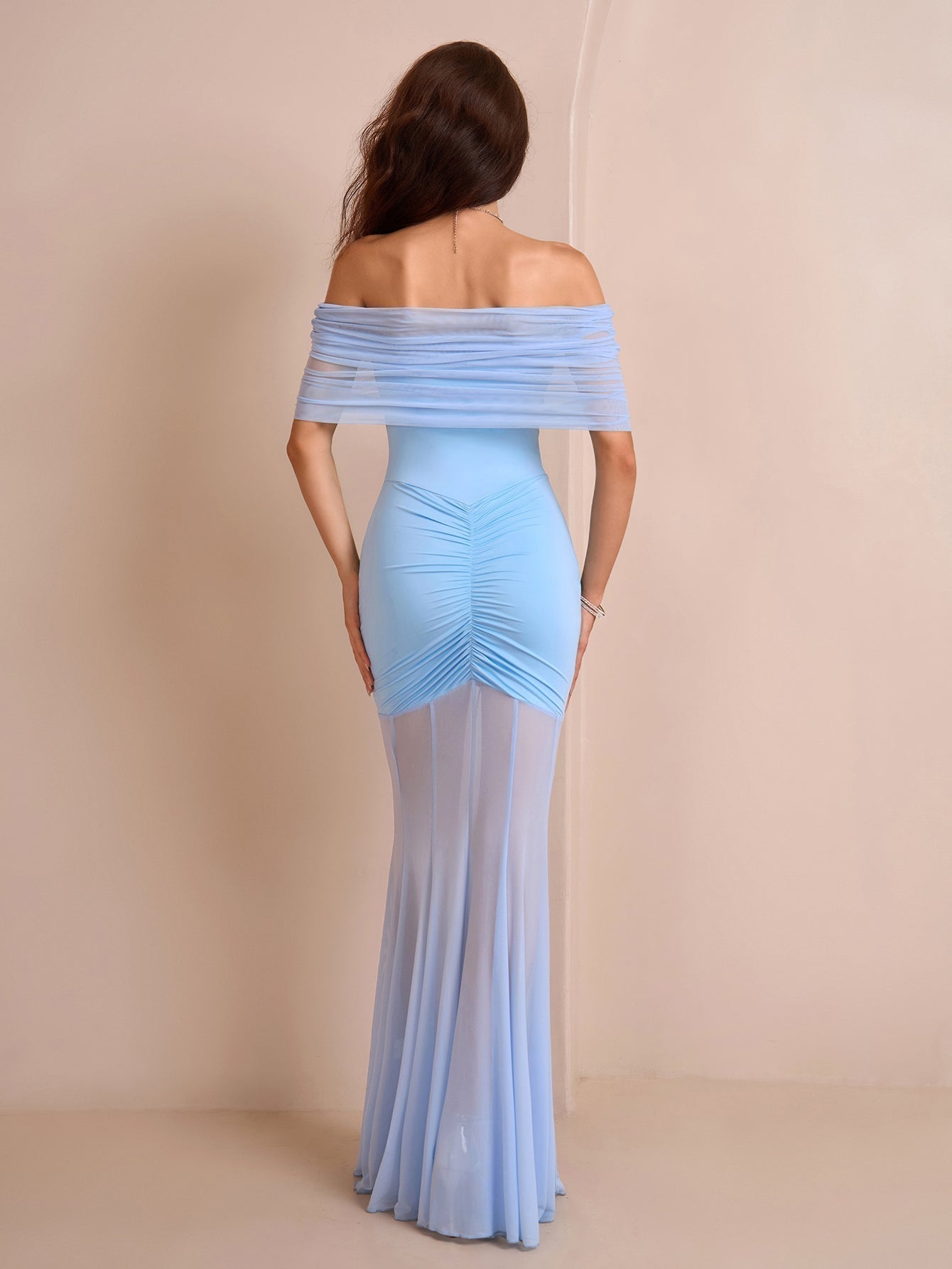 Off Shoulder Ruched Sheer Mesh Bodycon Mermaid Maxi Dress