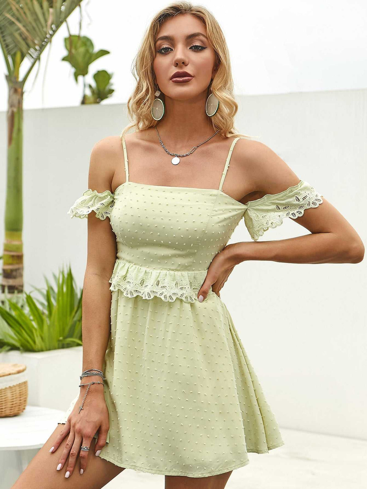 Swiss Dot Cold Shoulder Lace Trim Ruffle Waist Cami Mini Dress
