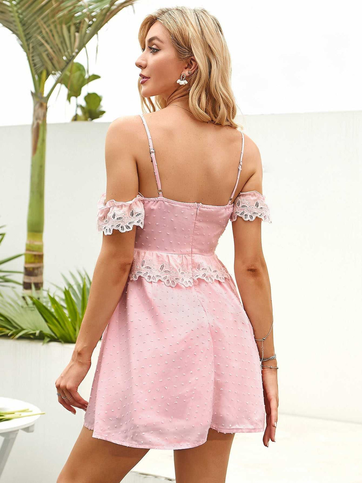 Swiss Dot Cold Shoulder Lace Trim Ruffle Waist Cami Mini Dress 8