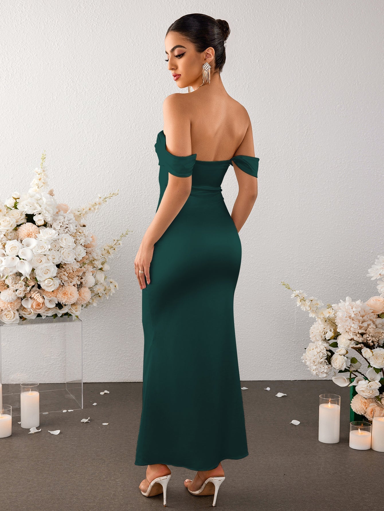Off Shoulder Satin Backless Mermaid Dress - View 13