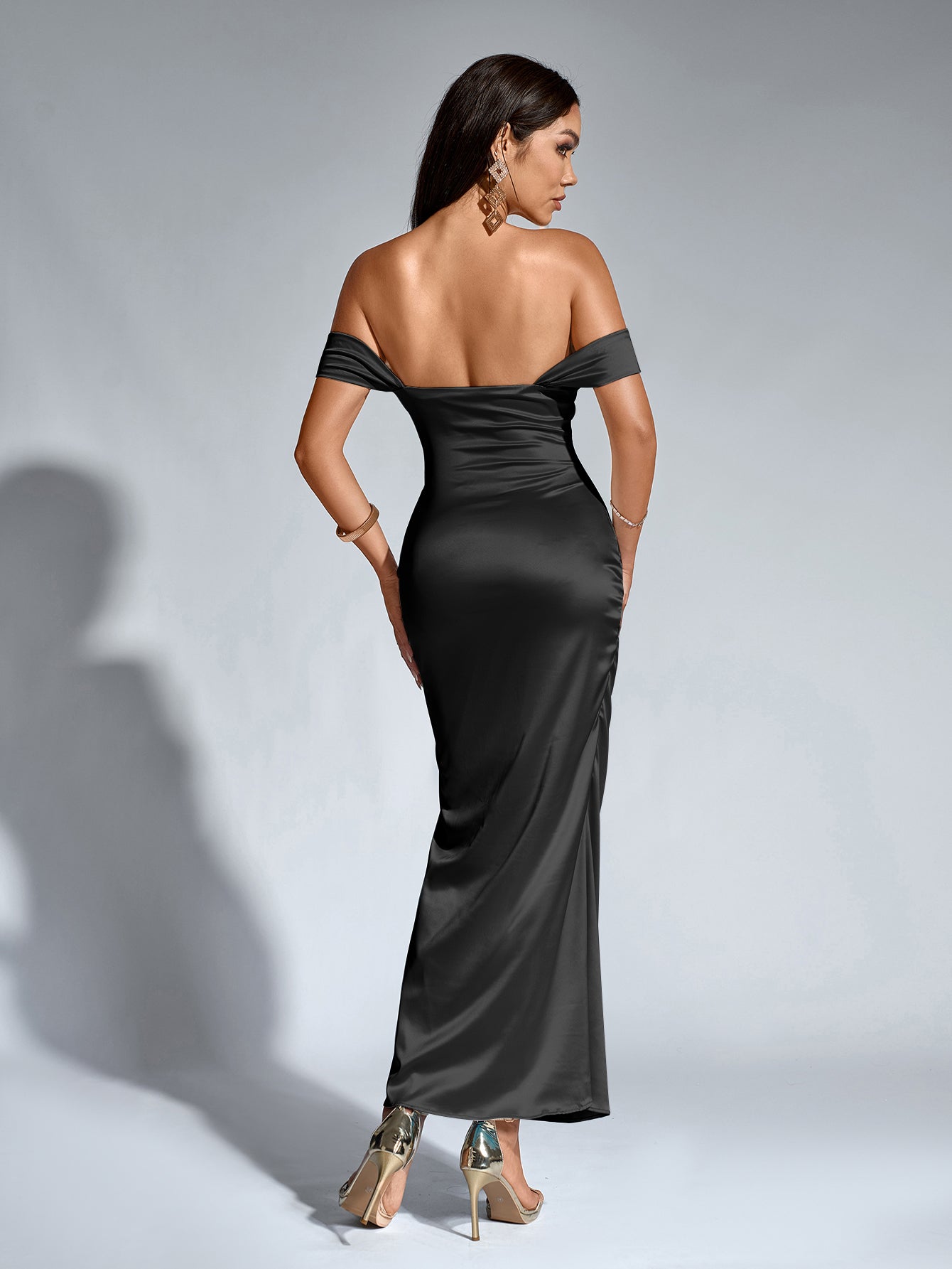 Off Shoulder Satin Backless Mermaid Dress - View 19