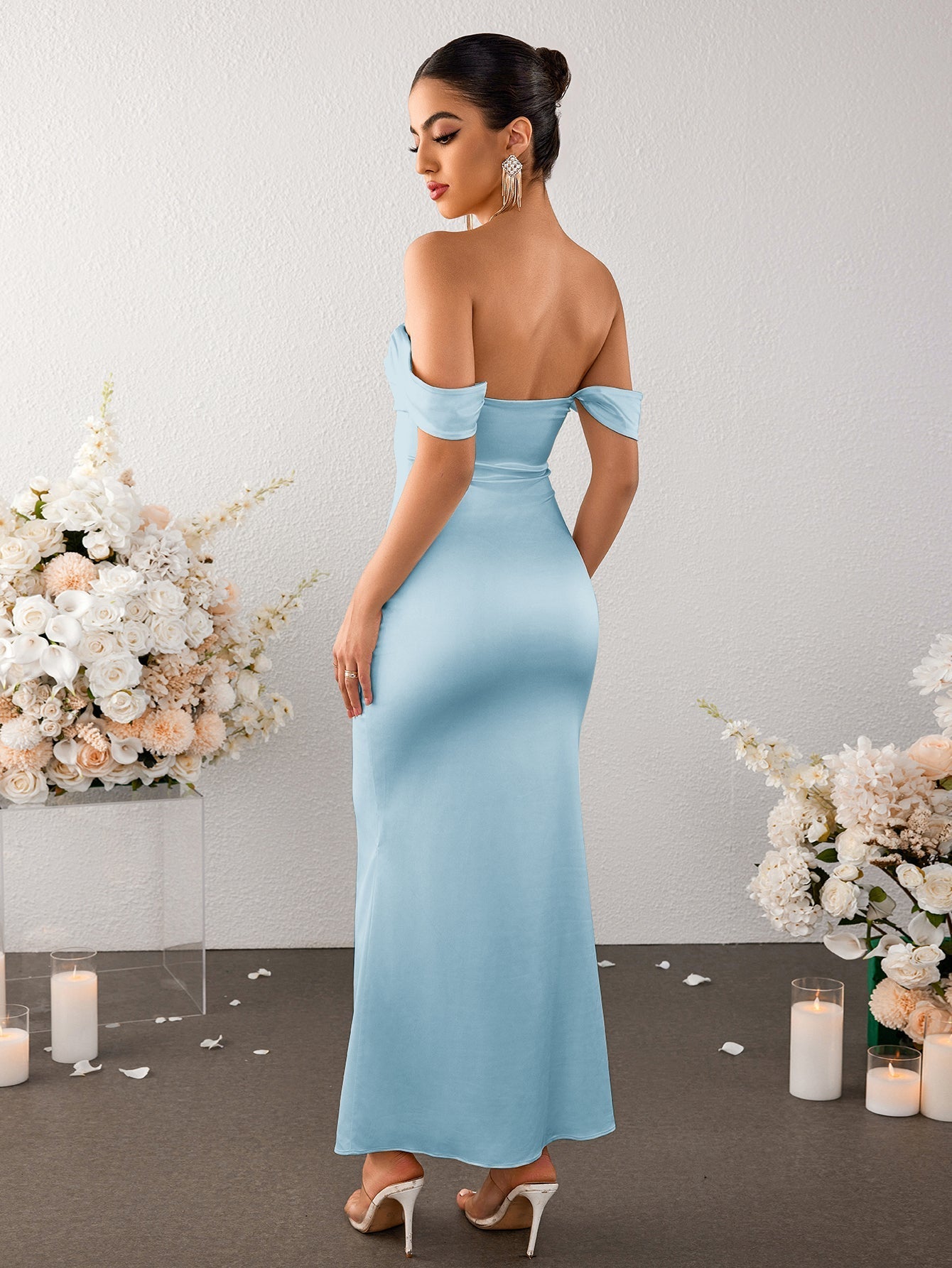 Off Shoulder Satin Backless Mermaid Dress - View 6