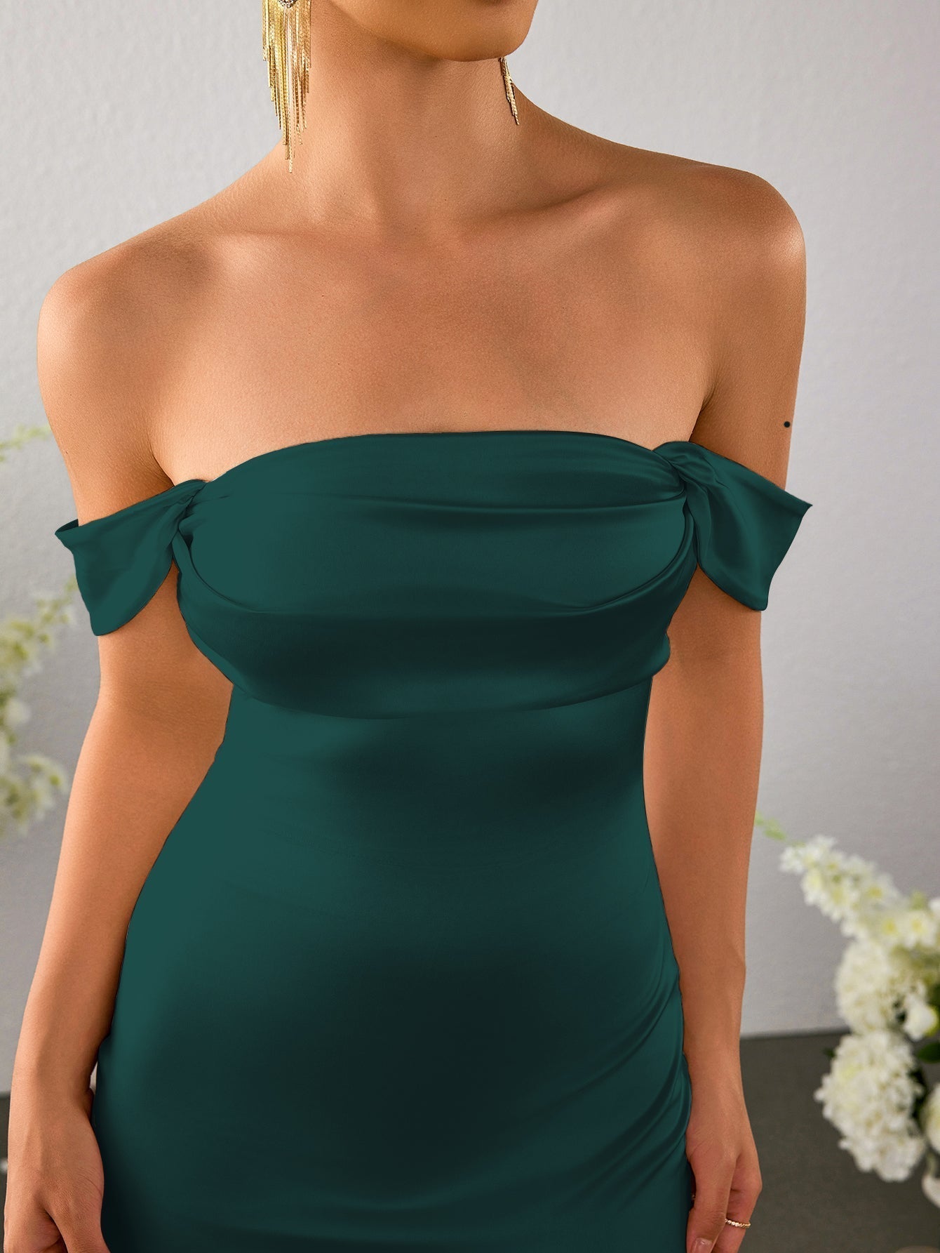 Off Shoulder Satin Backless Mermaid Dress - View 17