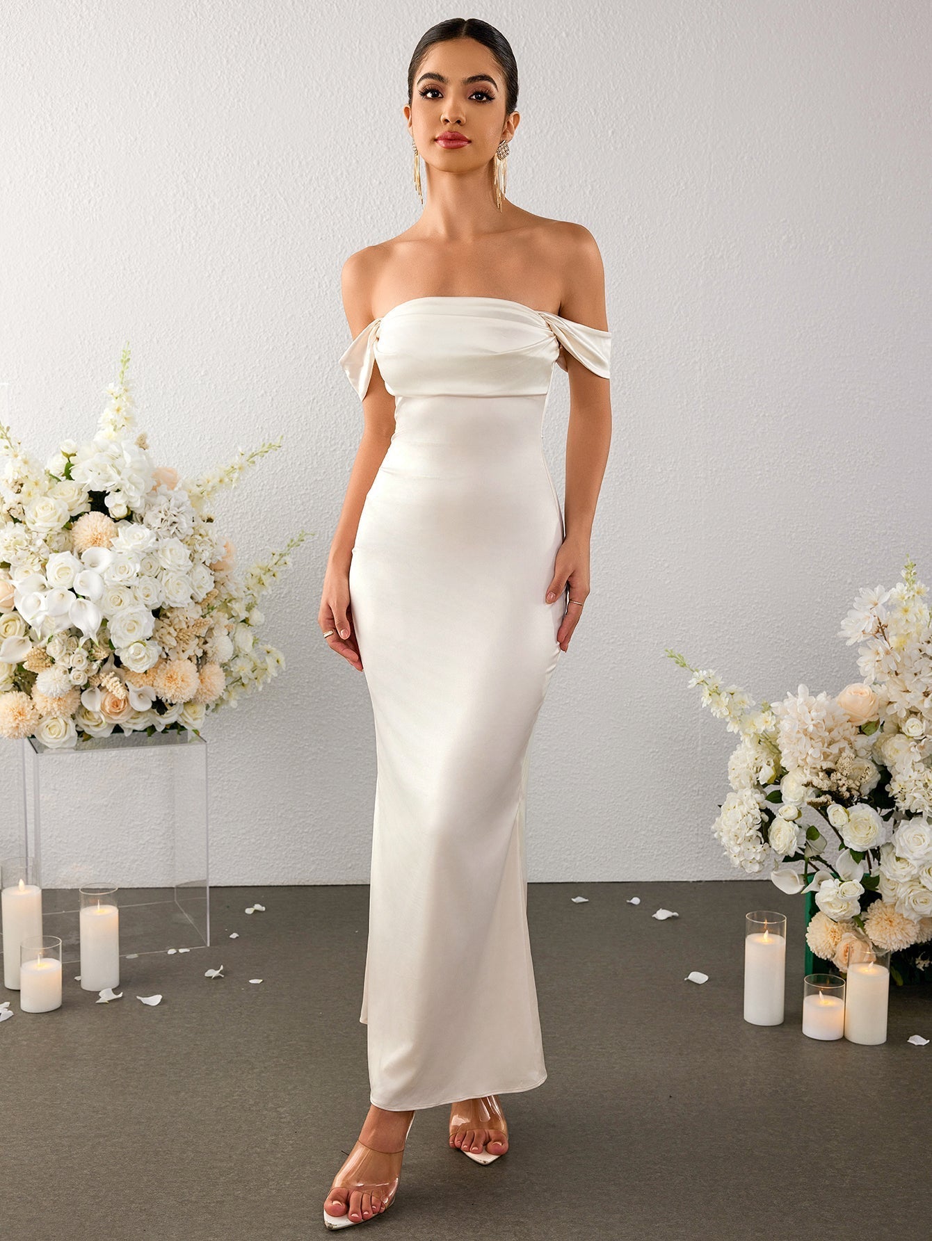 Off Shoulder Satin Backless Mermaid Dress - View 3