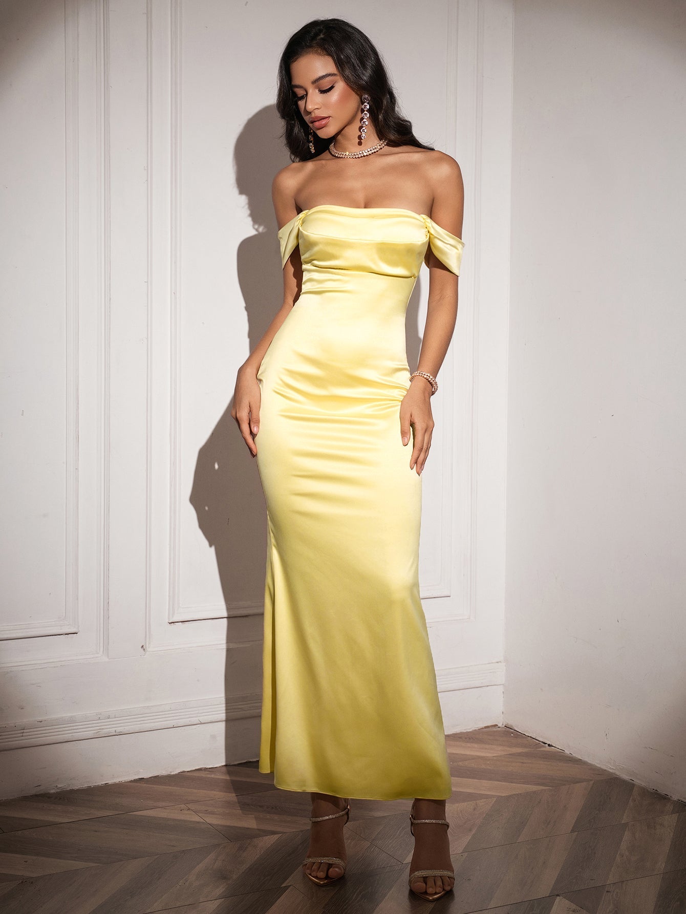 Off Shoulder Satin Backless Mermaid Dress - View 25