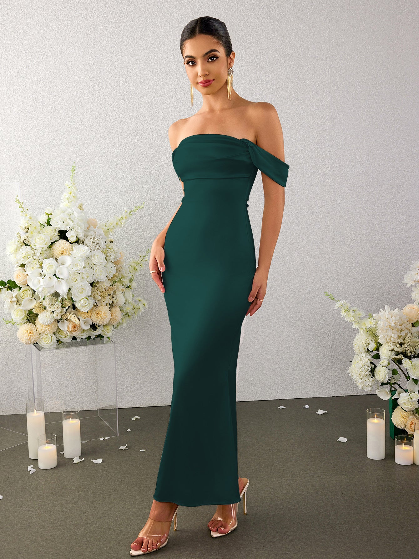 Off Shoulder Satin Backless Mermaid Dress - View 15