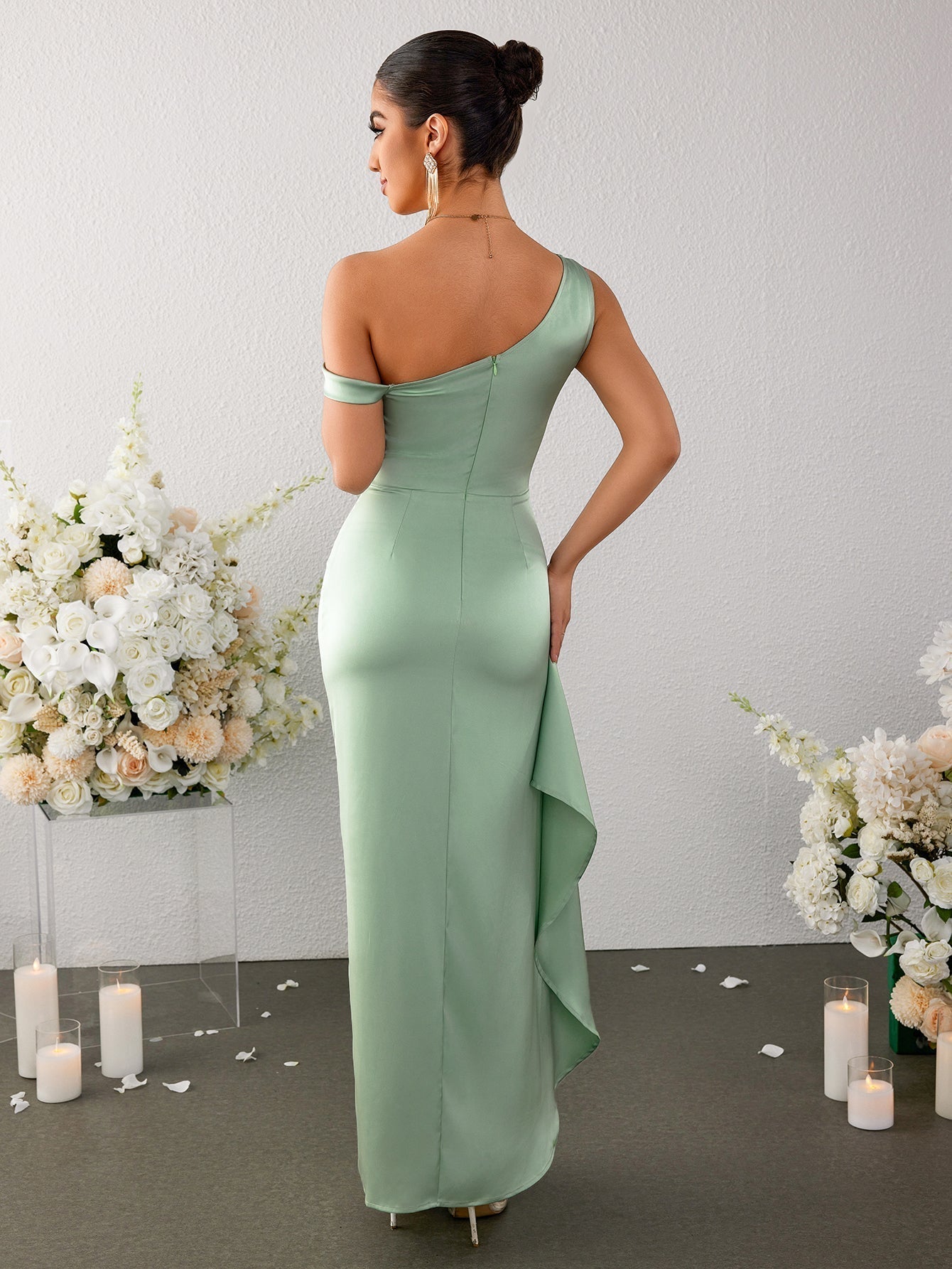 Off Shoulder Side Ruffle Slit Hem Satin Dress - View 2