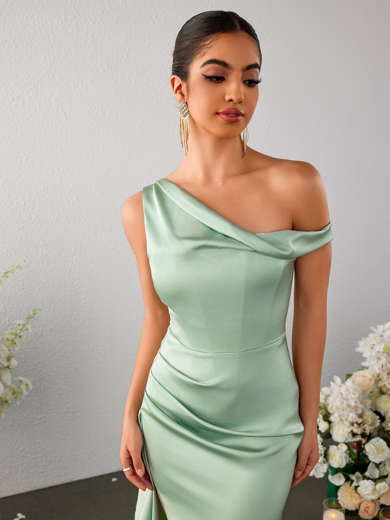 Off Shoulder Side Ruffle Slit Hem Satin Dress - View 6