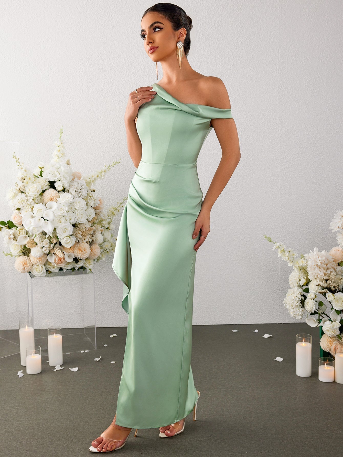 Off Shoulder Side Ruffle Slit Hem Satin Dress - View 4
