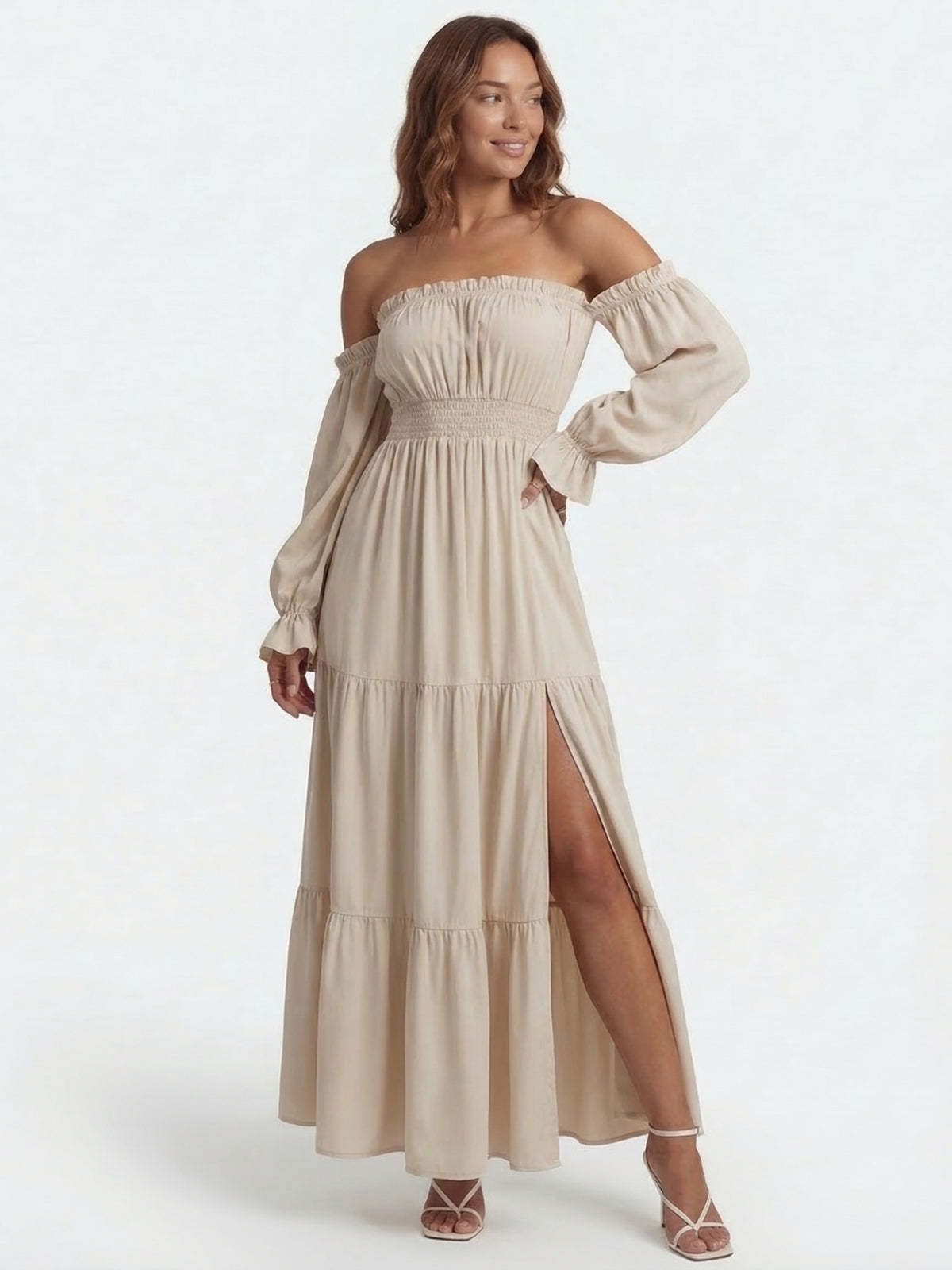 Off Shoulder Long Sleeve Smocked High Split Tiered Maxi Dress