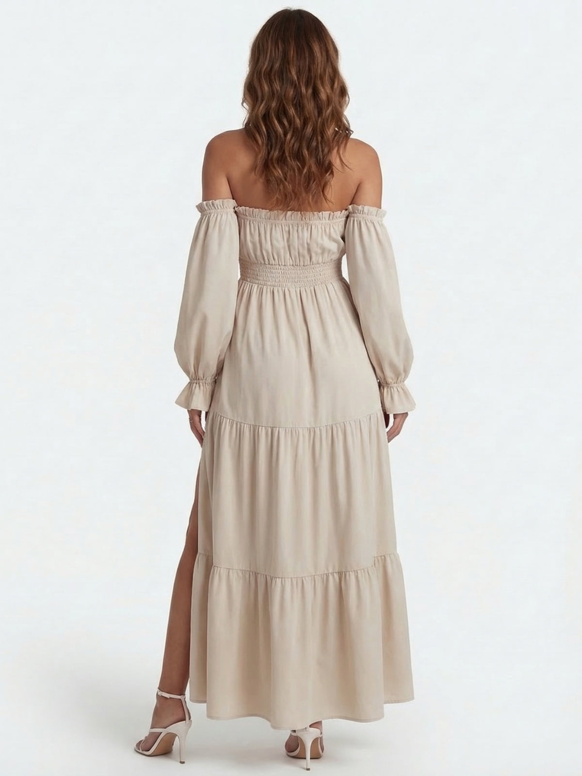 Off Shoulder Long Sleeve Smocked High Split Tiered Maxi Dress 3