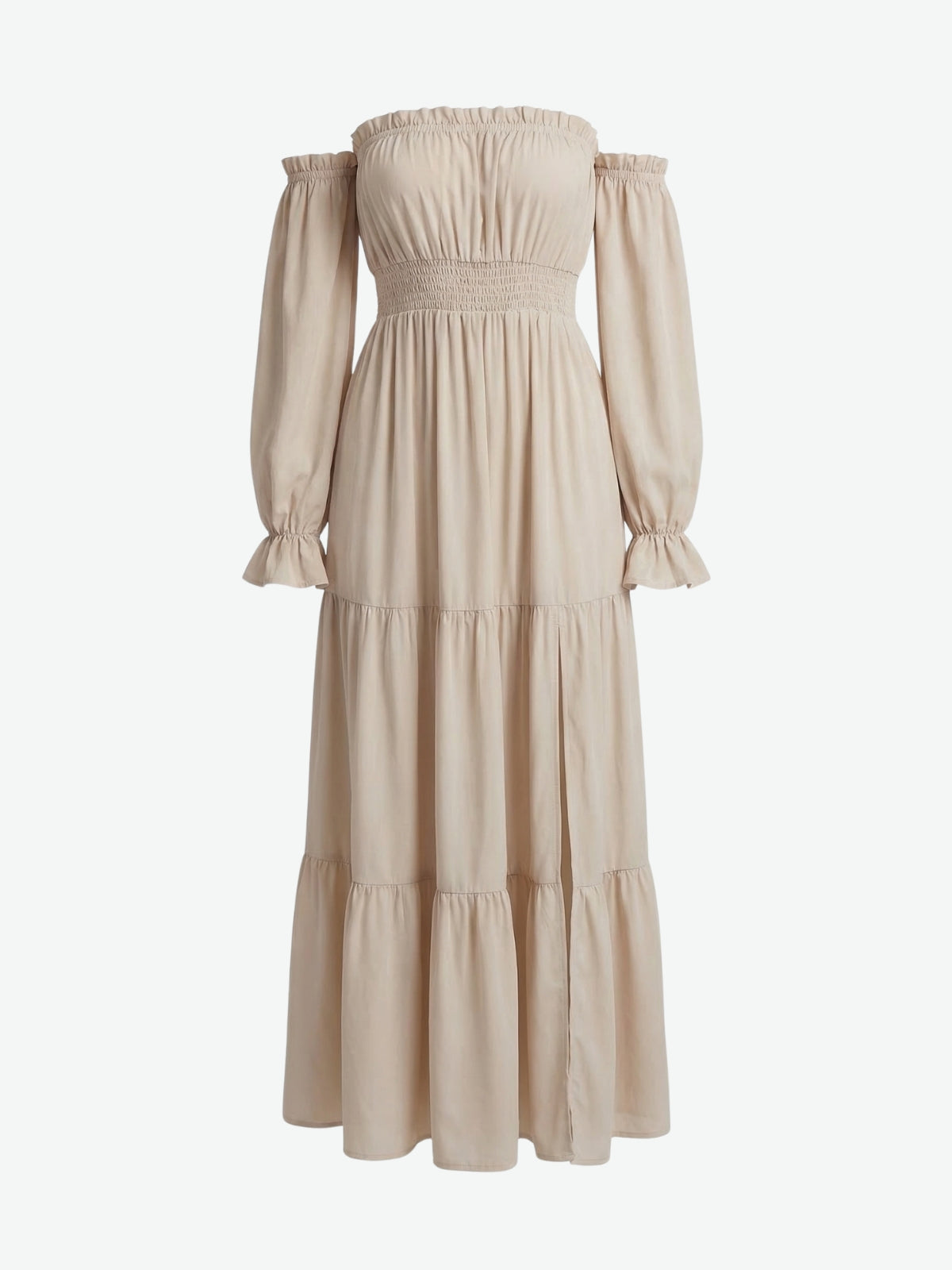 Off Shoulder Long Sleeve Smocked High Split Tiered Maxi Dress 4