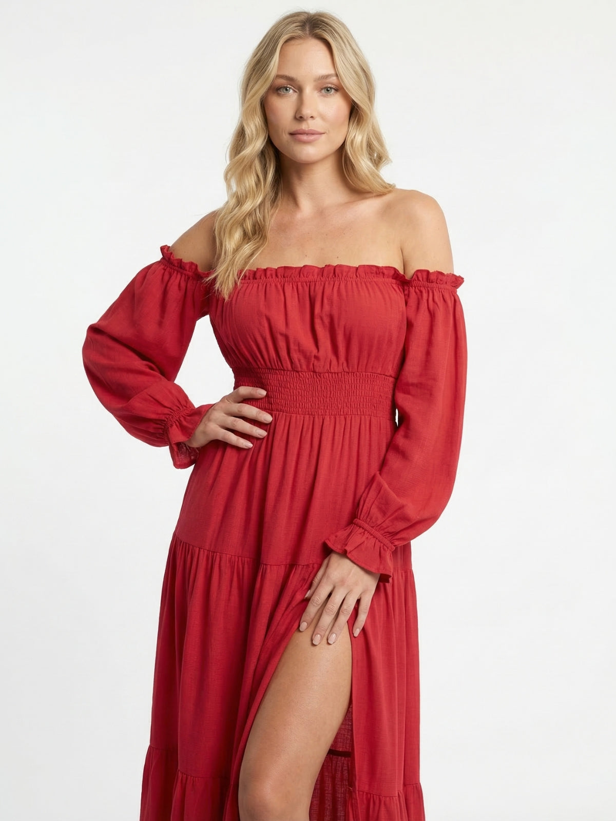 Off Shoulder Long Sleeve Smocked High Split Tiered Maxi Dress 14