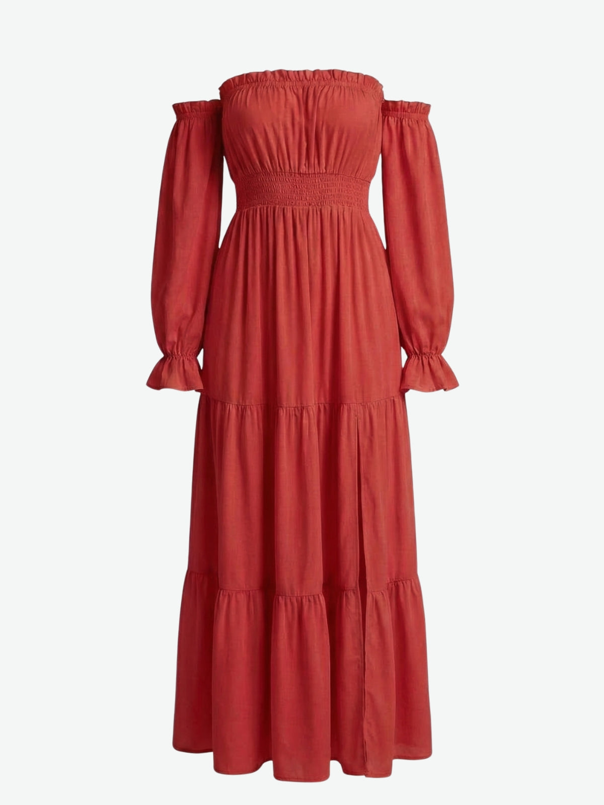 Off Shoulder Long Sleeve Smocked High Split Tiered Maxi Dress 15